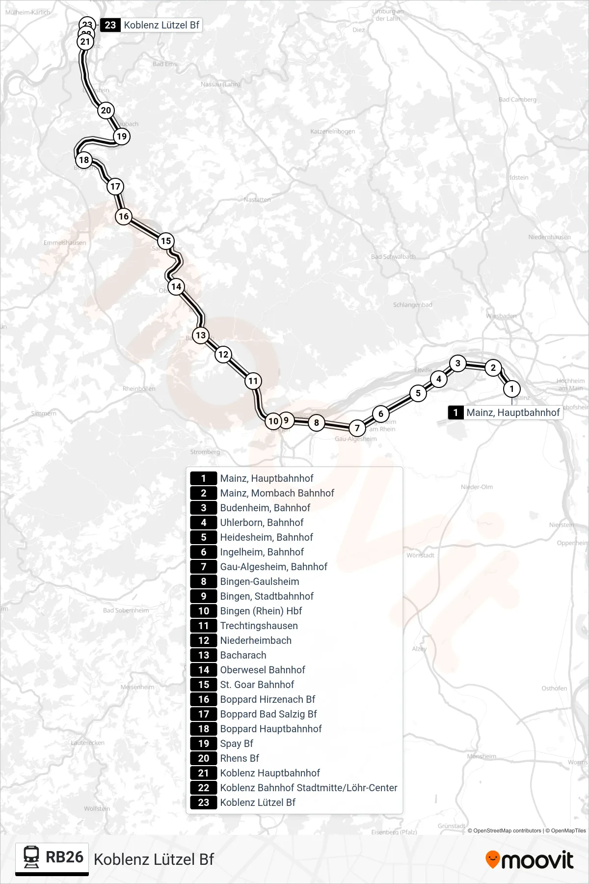 RB26 rail Line (Koblenz Lützel Bf) route and stops on a map