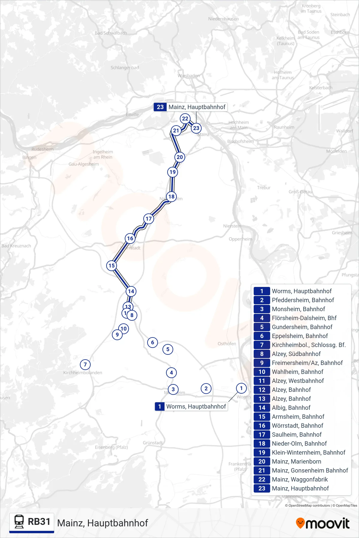 RB31 train Line (Mainz, Hauptbahnhof) route and stops on a map