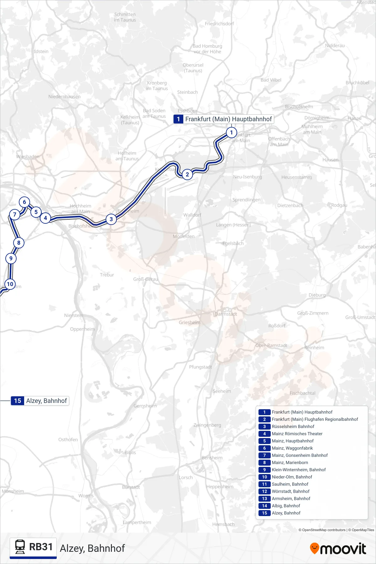 RB31 train Line (Alzey, Bahnhof) route and stops on a map