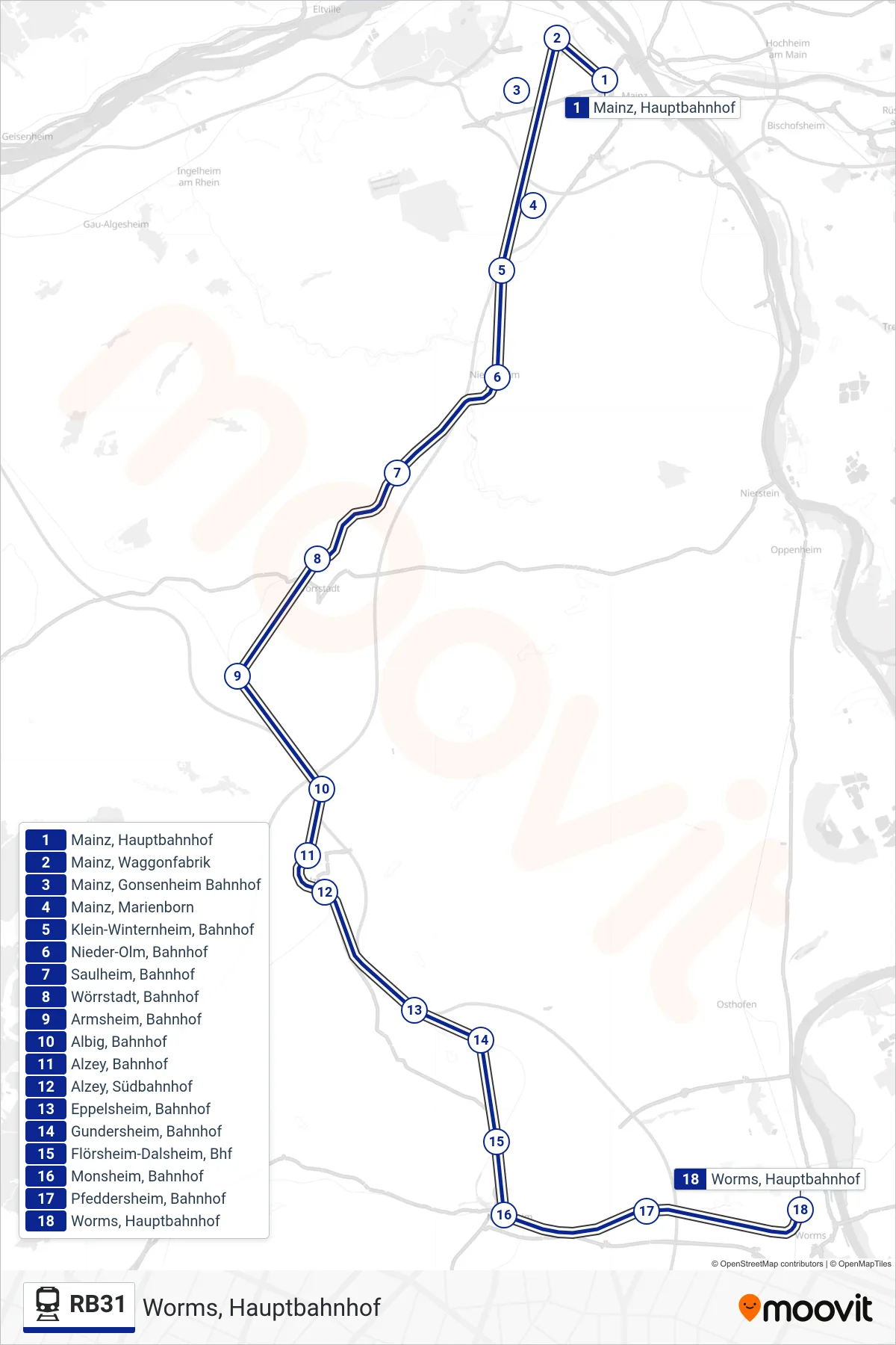 RB31 train Line (Worms, Hauptbahnhof) route and stops on a map