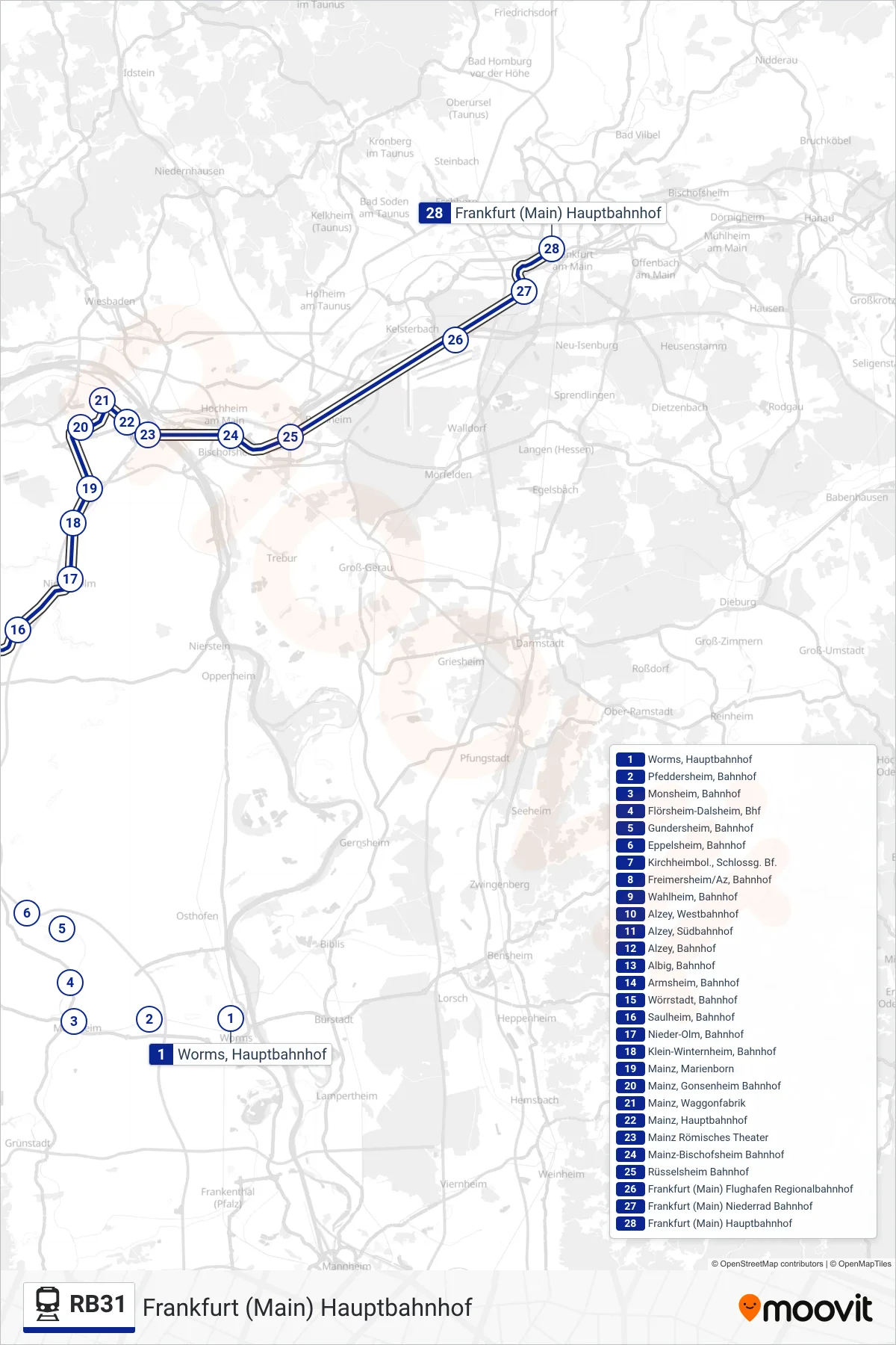 RB31 rail Line (Frankfurt (Main) Hauptbahnhof) route and stops on a map