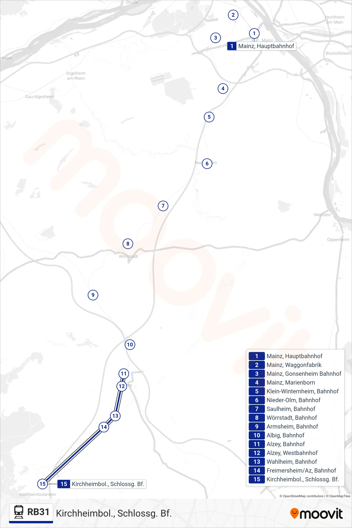 Linie RB31 (Bahn) Richtung Kirchheimbol., Schlossg. Bf.: Route und Haltestellen auf der Karte