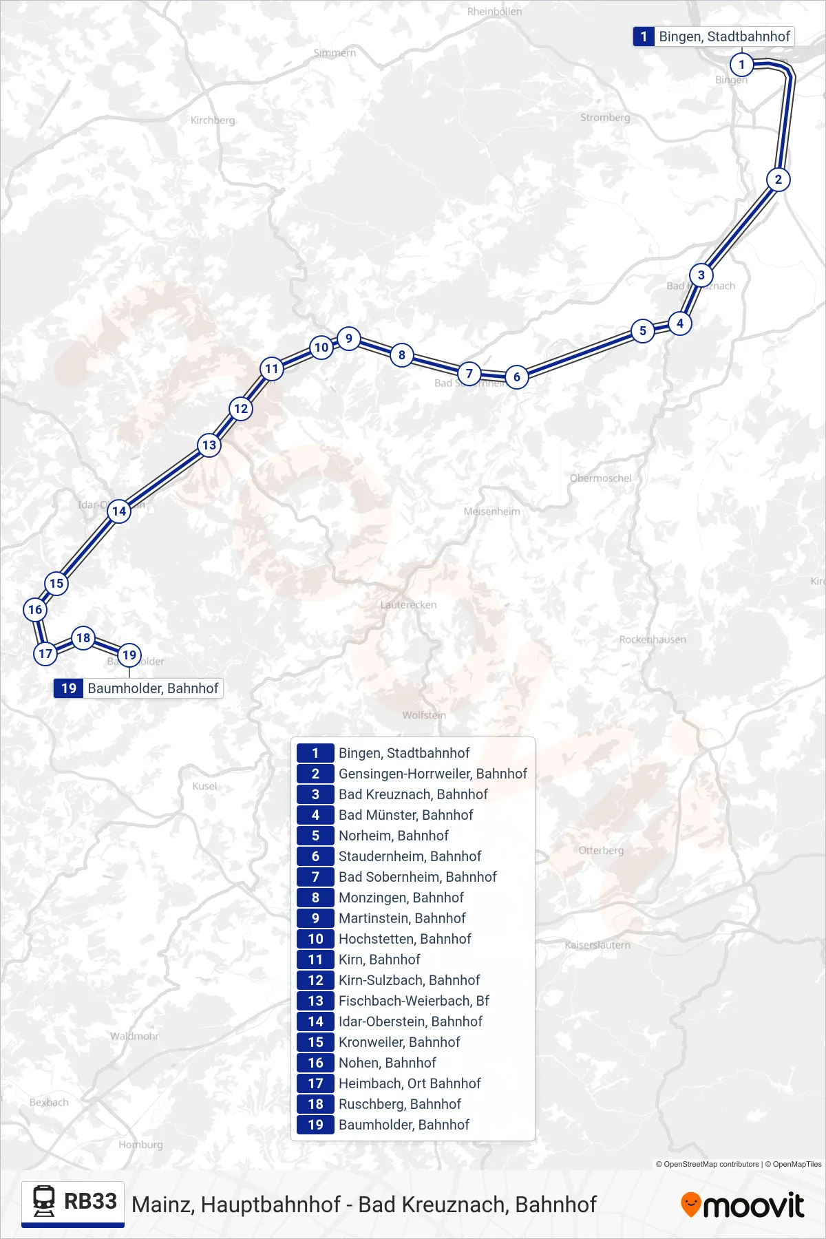 Linie RB33 (Bahn) Richtung Baumholder, Bahnhof: Route und Haltestellen auf der Karte