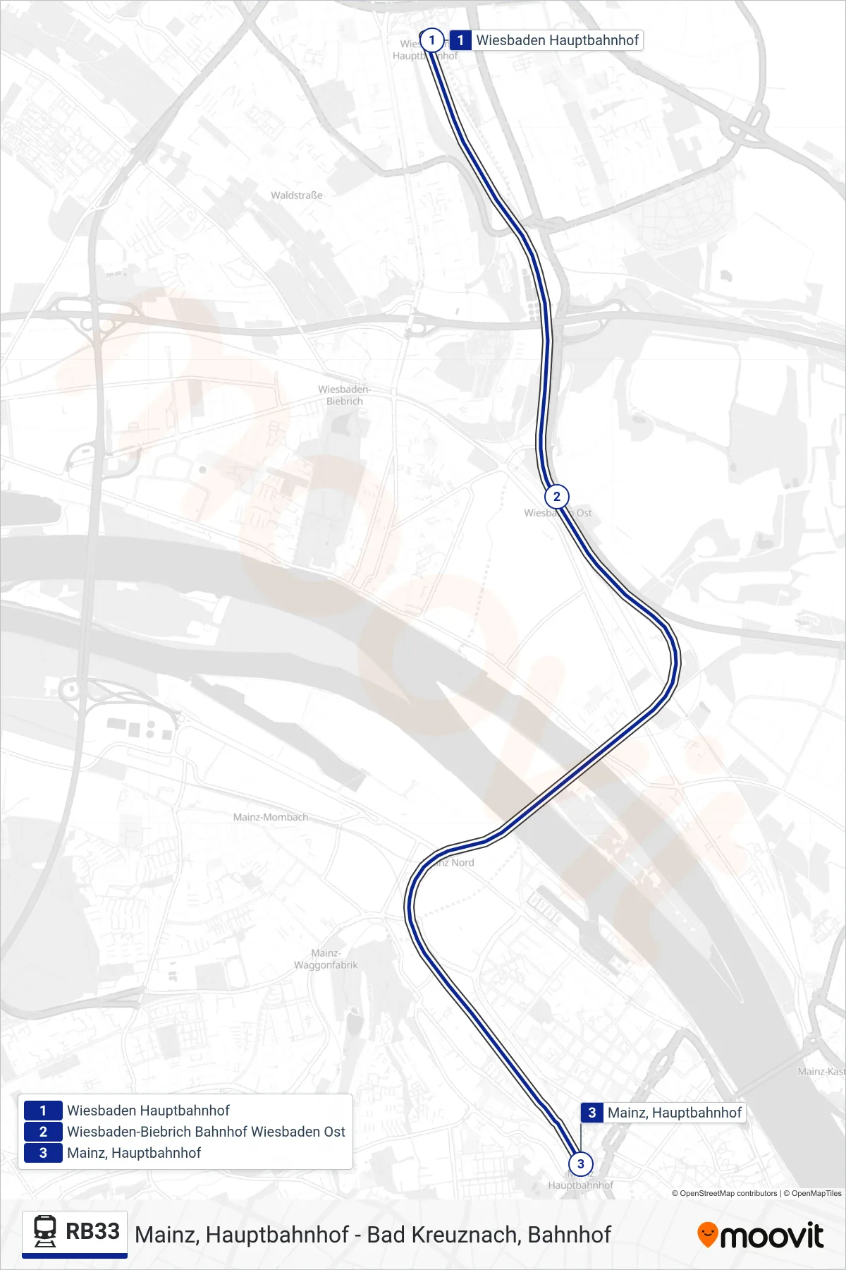 RB33 rail Line (Mainz, Hauptbahnhof) route and stops on a map