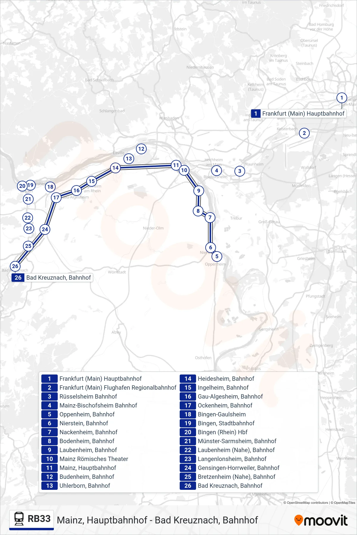 RB33 train Line (Bad Kreuznach, Bahnhof) route and stops on a map