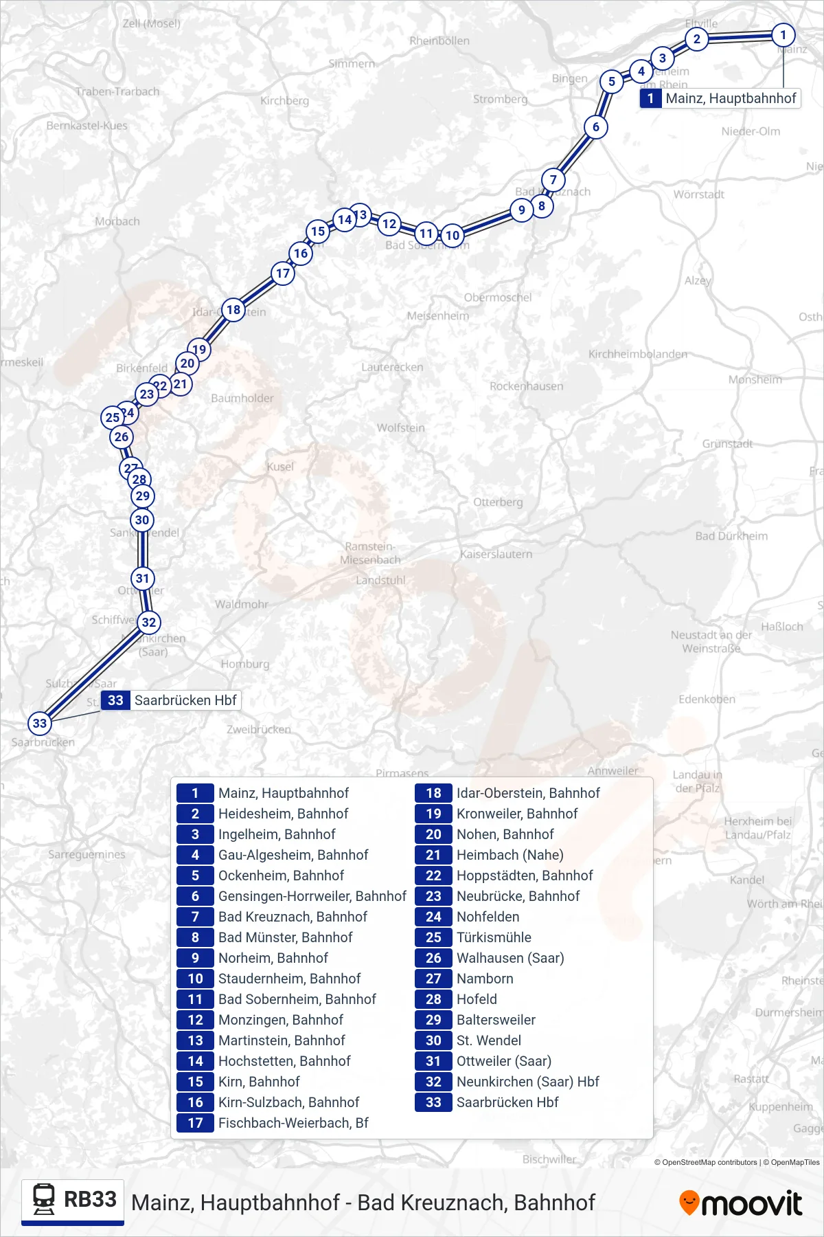 RB33 train Line (Saarbrücken Hbf) route and stops on a map