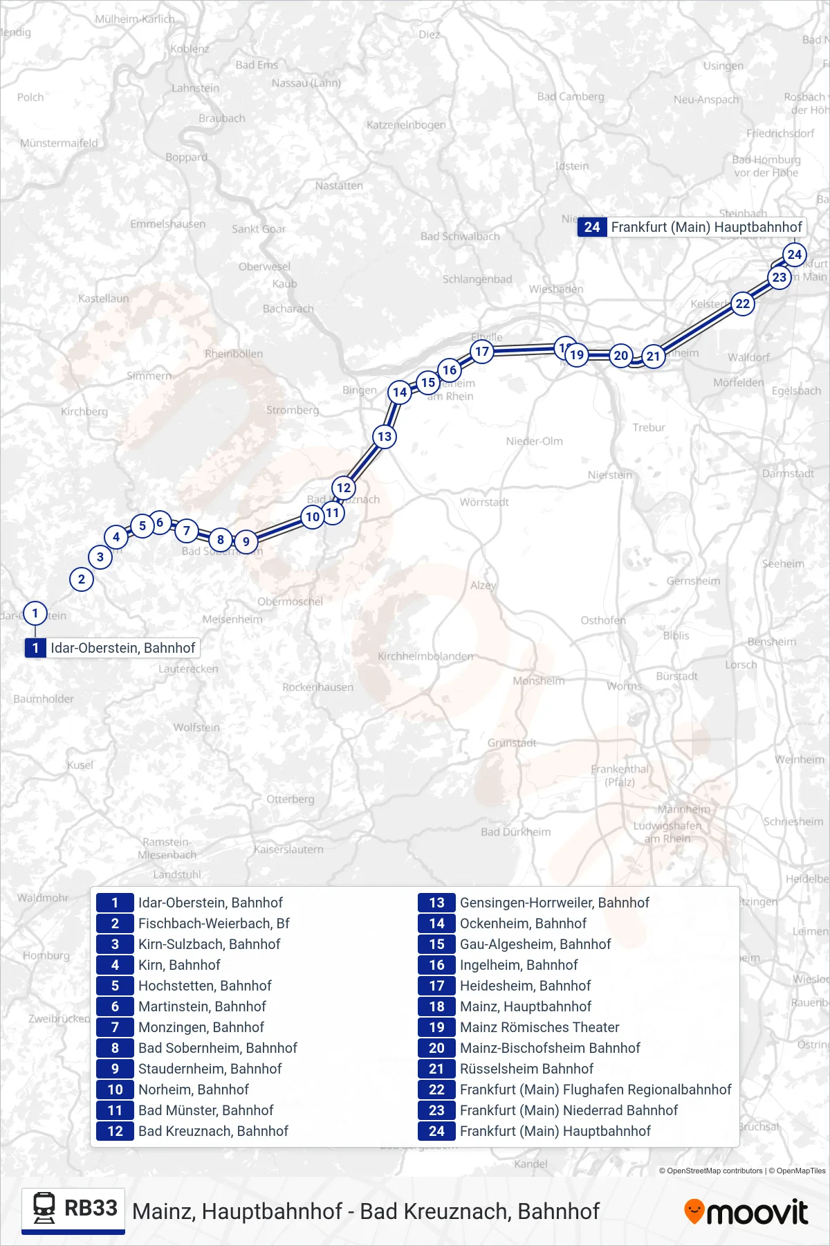 RB33 train Line (Frankfurt (Main) Hauptbahnhof) route and stops on a map