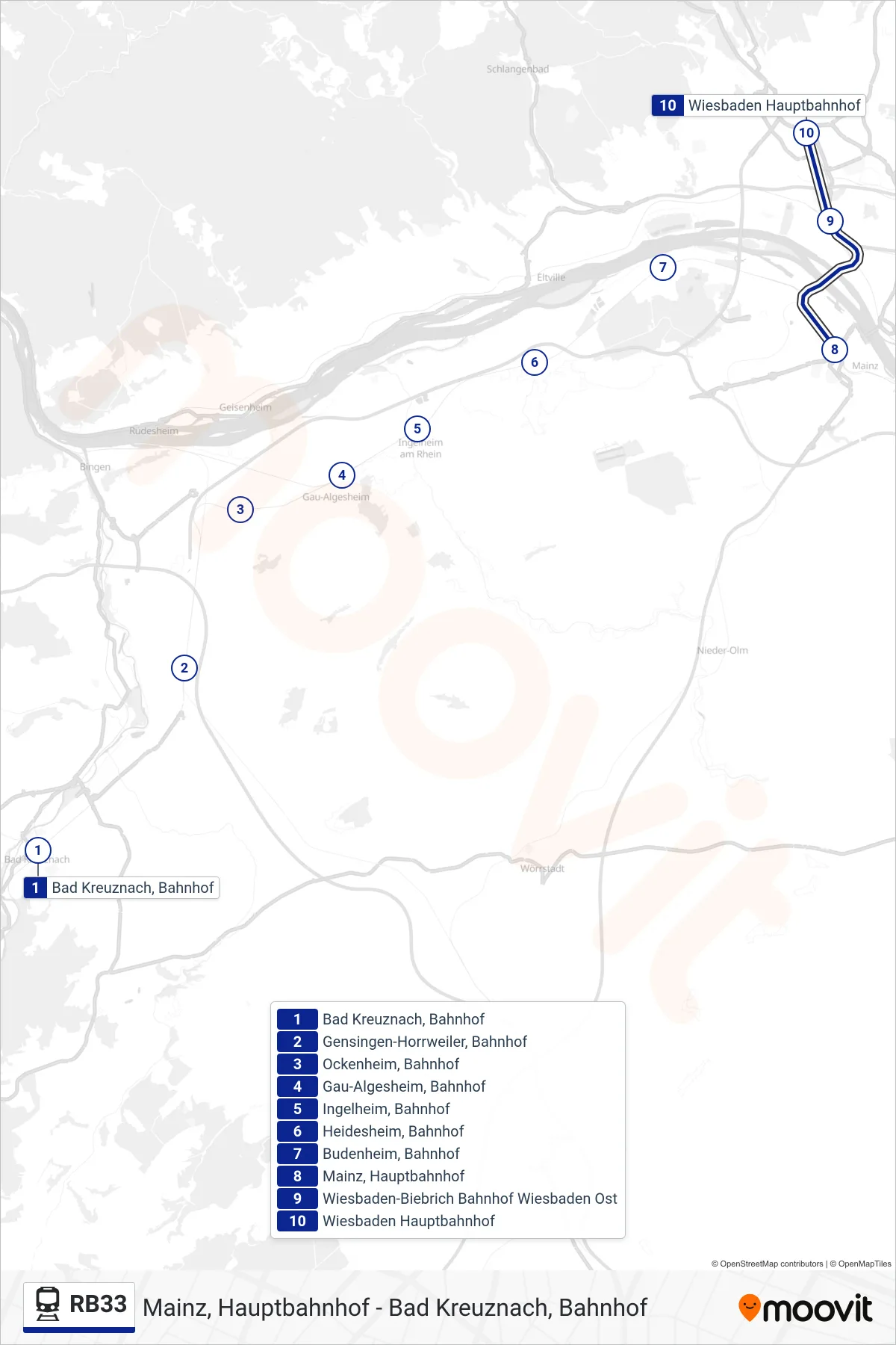 RB33 train Line (Wiesbaden Hauptbahnhof) route and stops on a map