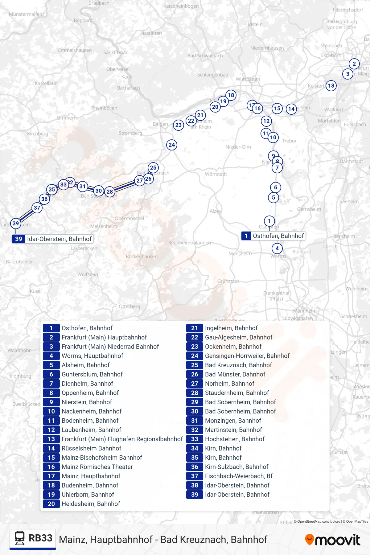 RB33 train Line (Idar-Oberstein, Bahnhof) route and stops on a map