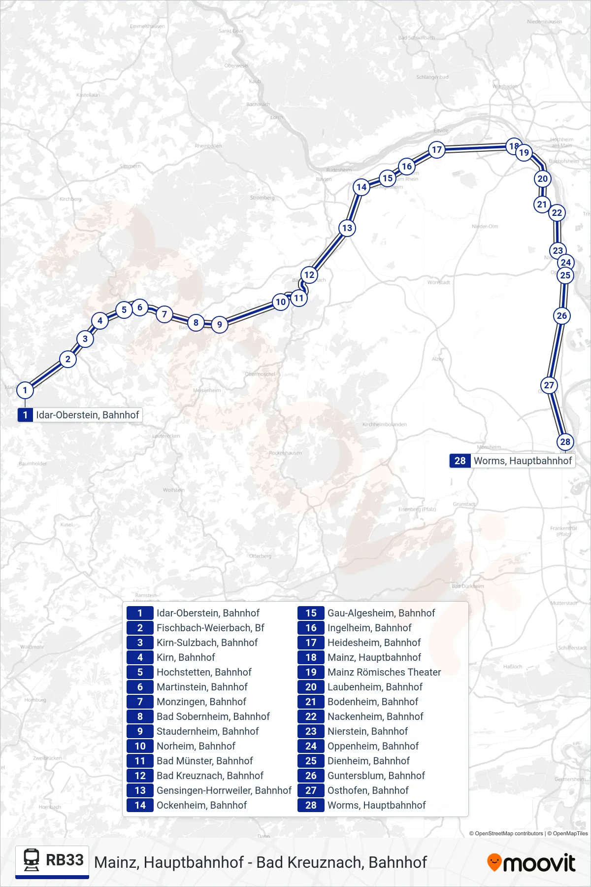 RB33 train Line (Worms, Hauptbahnhof) route and stops on a map