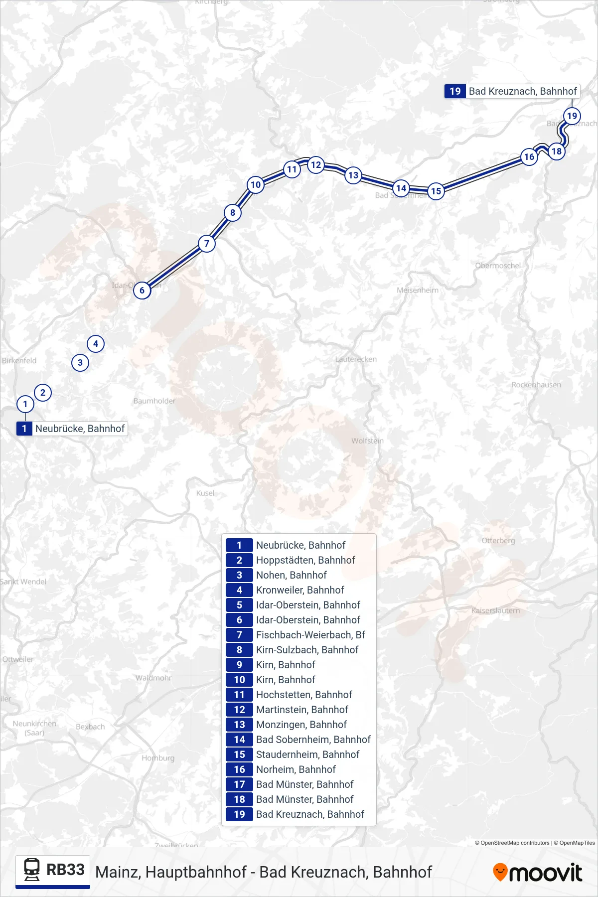 RB33 train Line (Bad Kreuznach, Bahnhof) route and stops on a map
