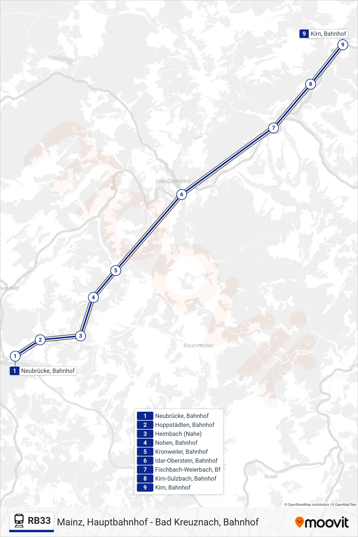 RB33 train Line (Kirn, Bahnhof) route and stops on a map