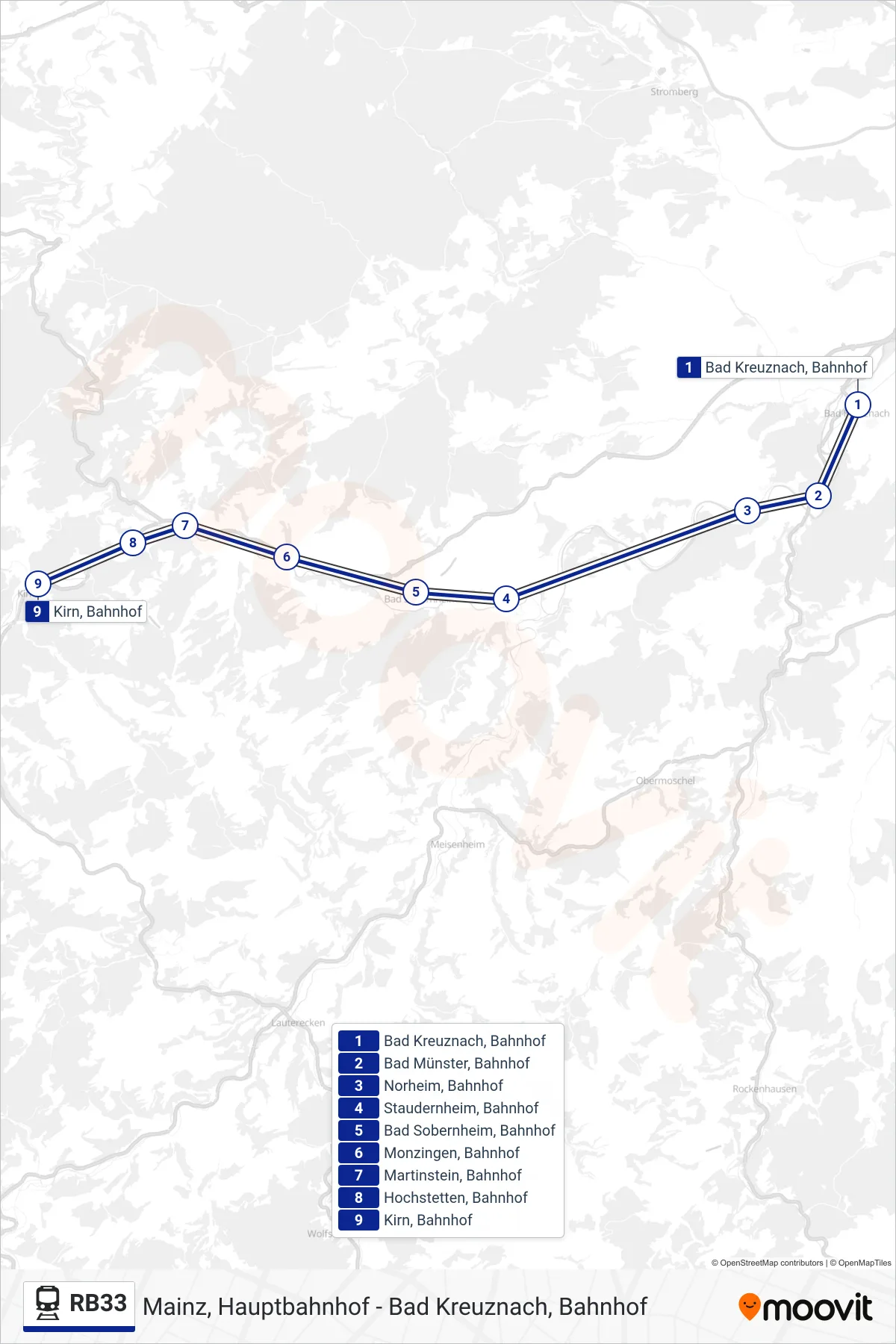 RB33 rail Line (Kirn, Bahnhof) route and stops on a map