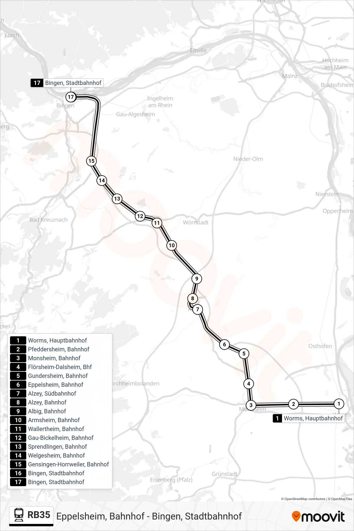 RB35 train Line (Bingen, Stadtbahnhof) route and stops on a map