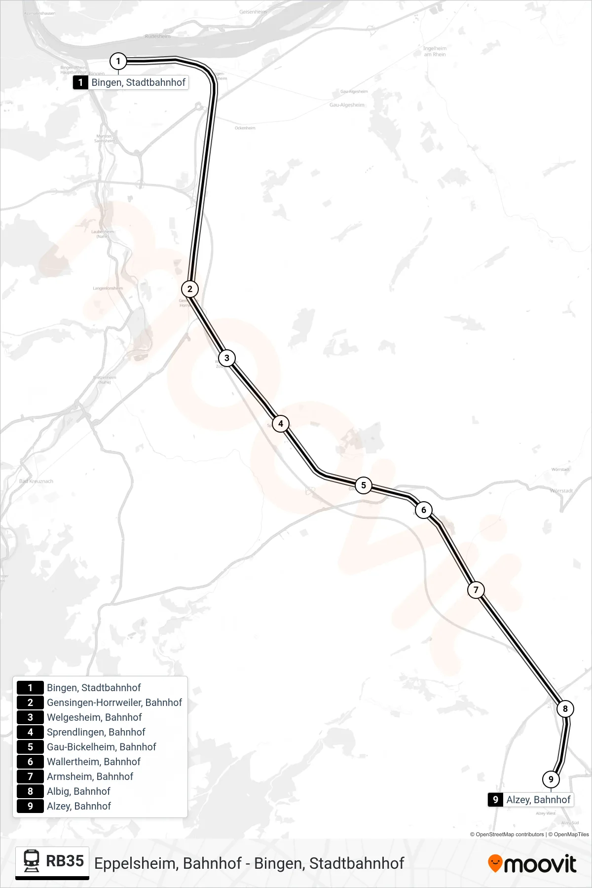 RB35 train Line (Alzey, Bahnhof) route and stops on a map
