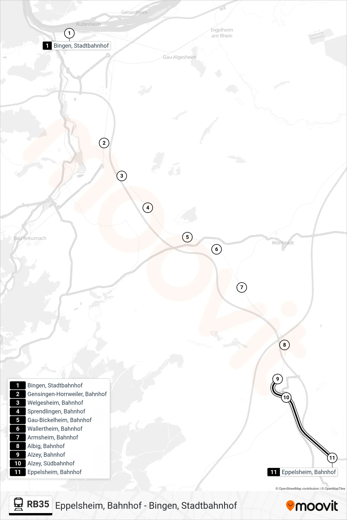 RB35 train Line (Eppelsheim, Bahnhof) route and stops on a map