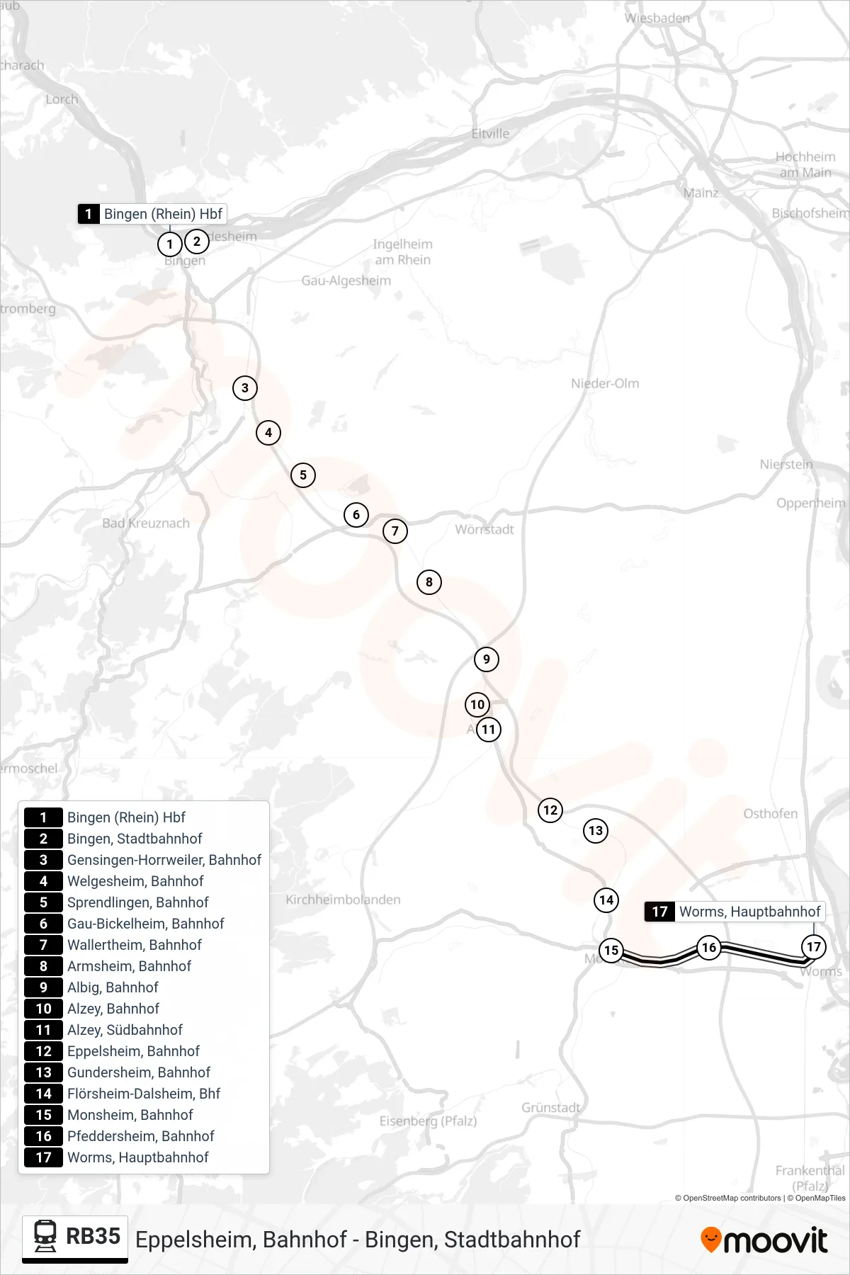 RB35 rail Line (Worms, Hauptbahnhof) route and stops on a map