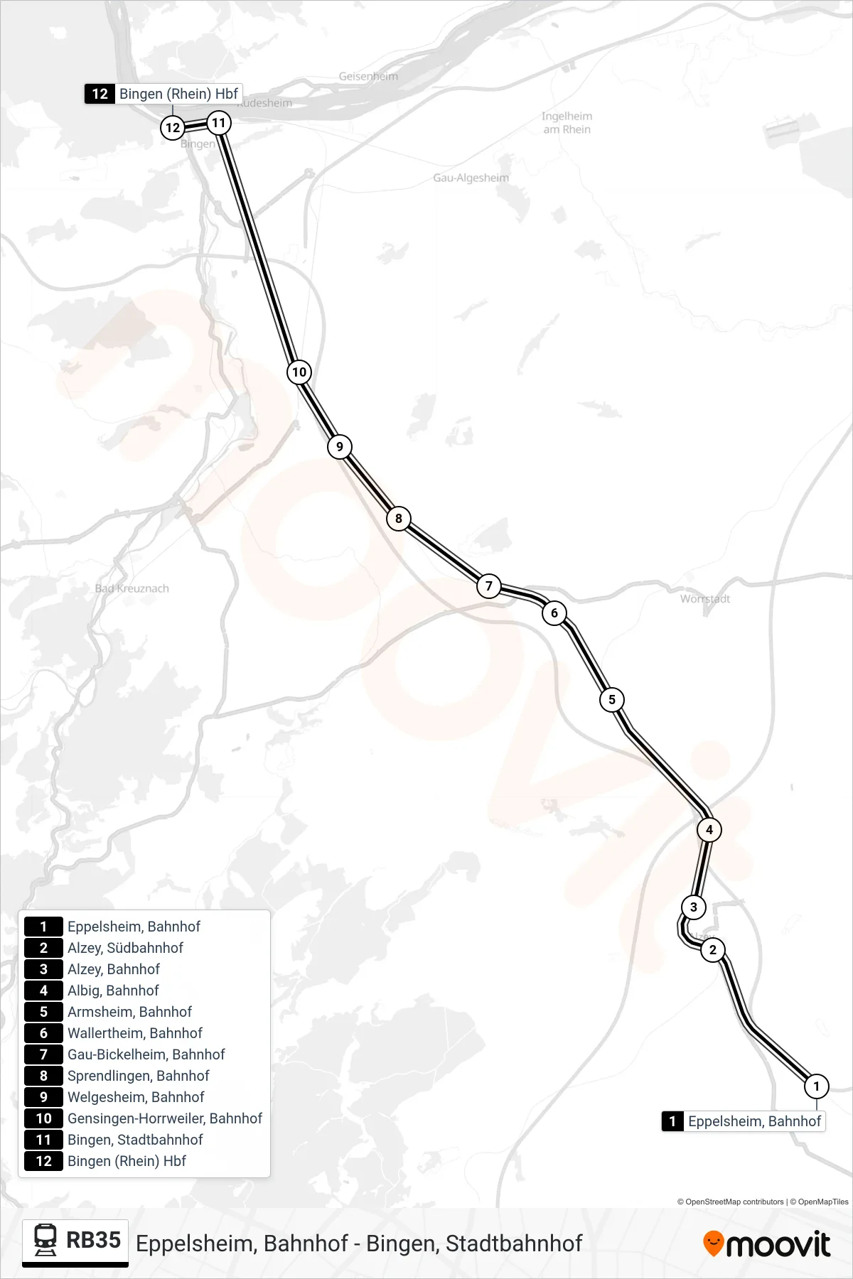 Linie RB35 (Bahn) Richtung Bingen, Hauptbahnhof: Route und Haltestellen auf der Karte