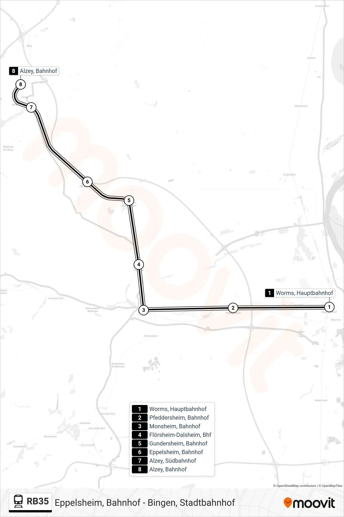 RB35 rail Line (Alzey, Bahnhof) route and stops on a map