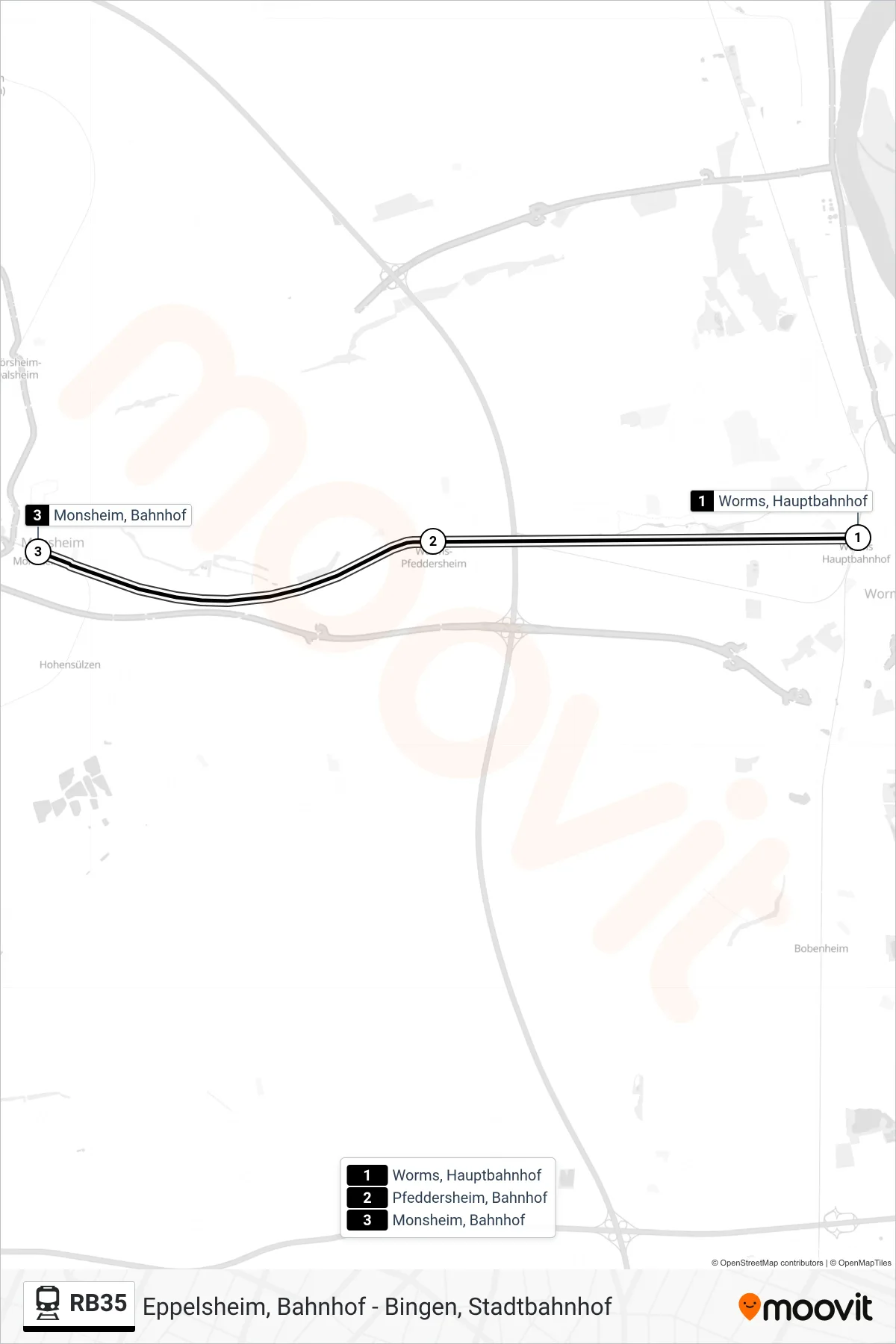 RB35 train Line (Monsheim, Bahnhof) route and stops on a map