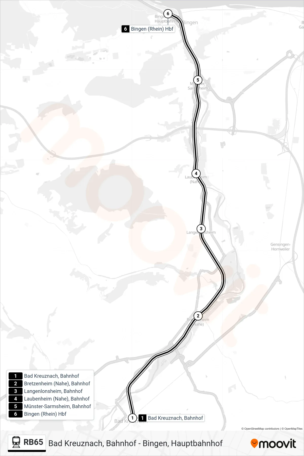 RB65 rail Line (Bingen, Hauptbahnhof) route and stops on a map