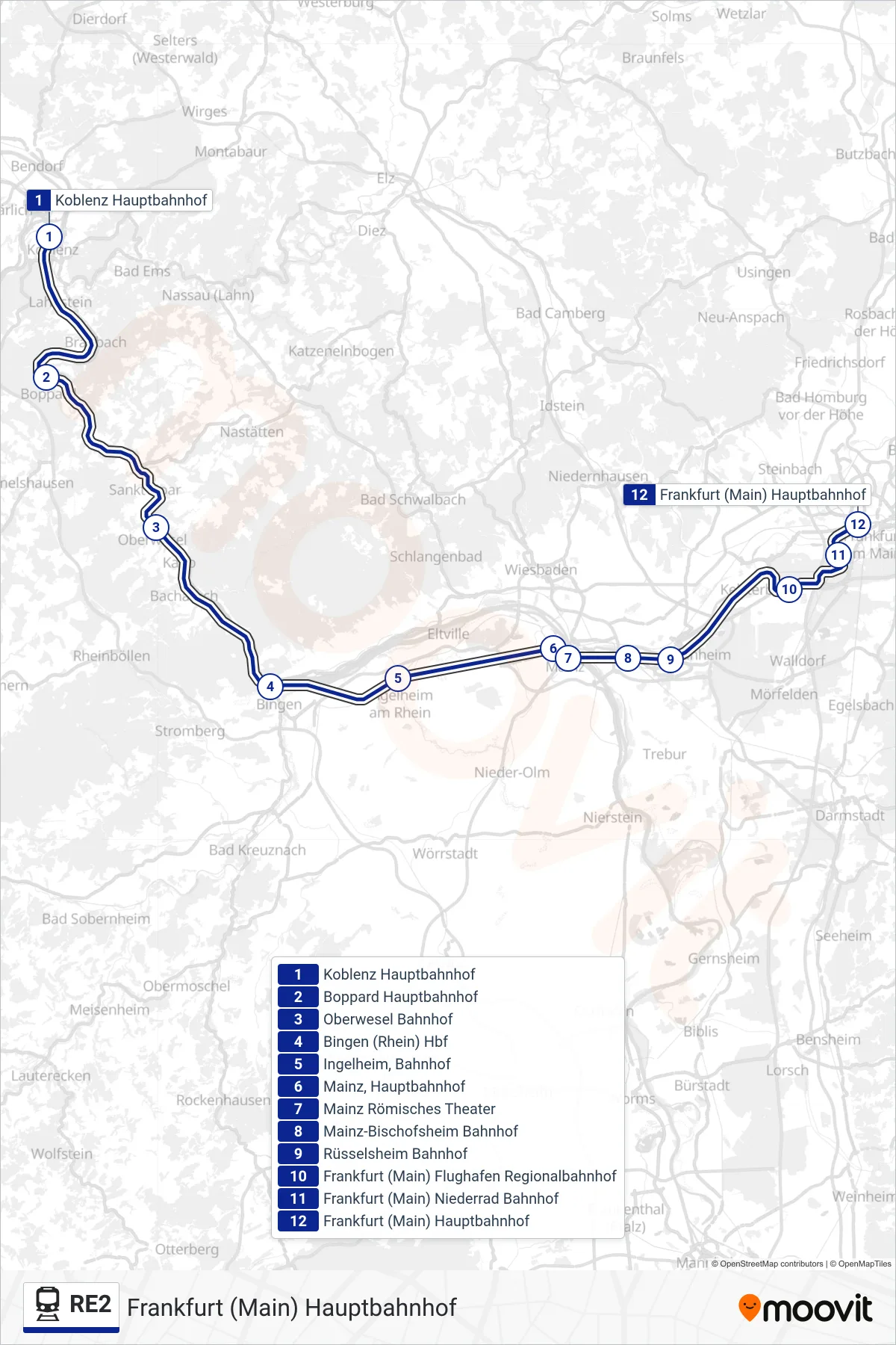 RE2 train Line (Frankfurt (Main) Hauptbahnhof) route and stops on a map