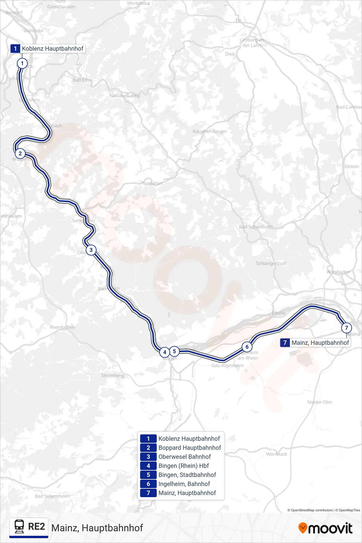 Linie RE2 (Bahn) Richtung Mainz, Hauptbahnhof: Route und Haltestellen auf der Karte