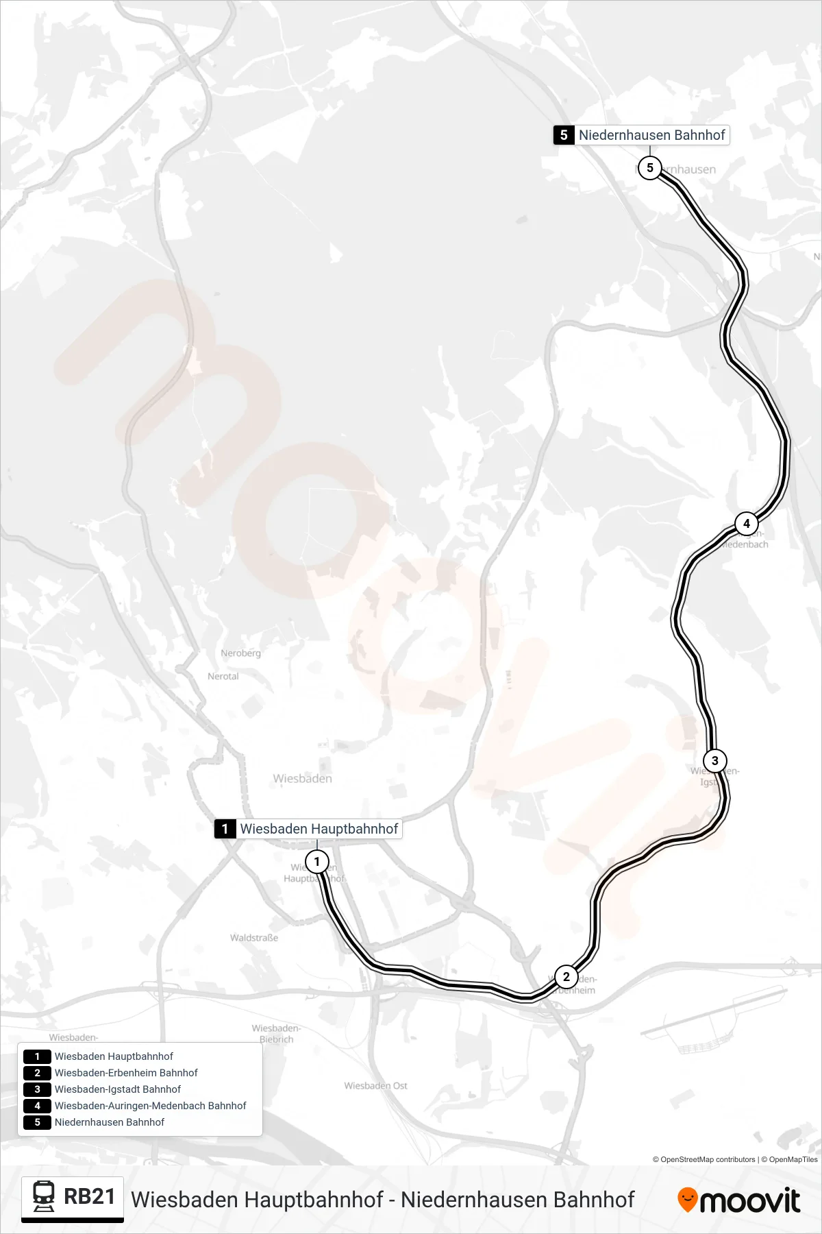 RB21 rail Line (Niedernhausen Bahnhof) route and stops on a map
