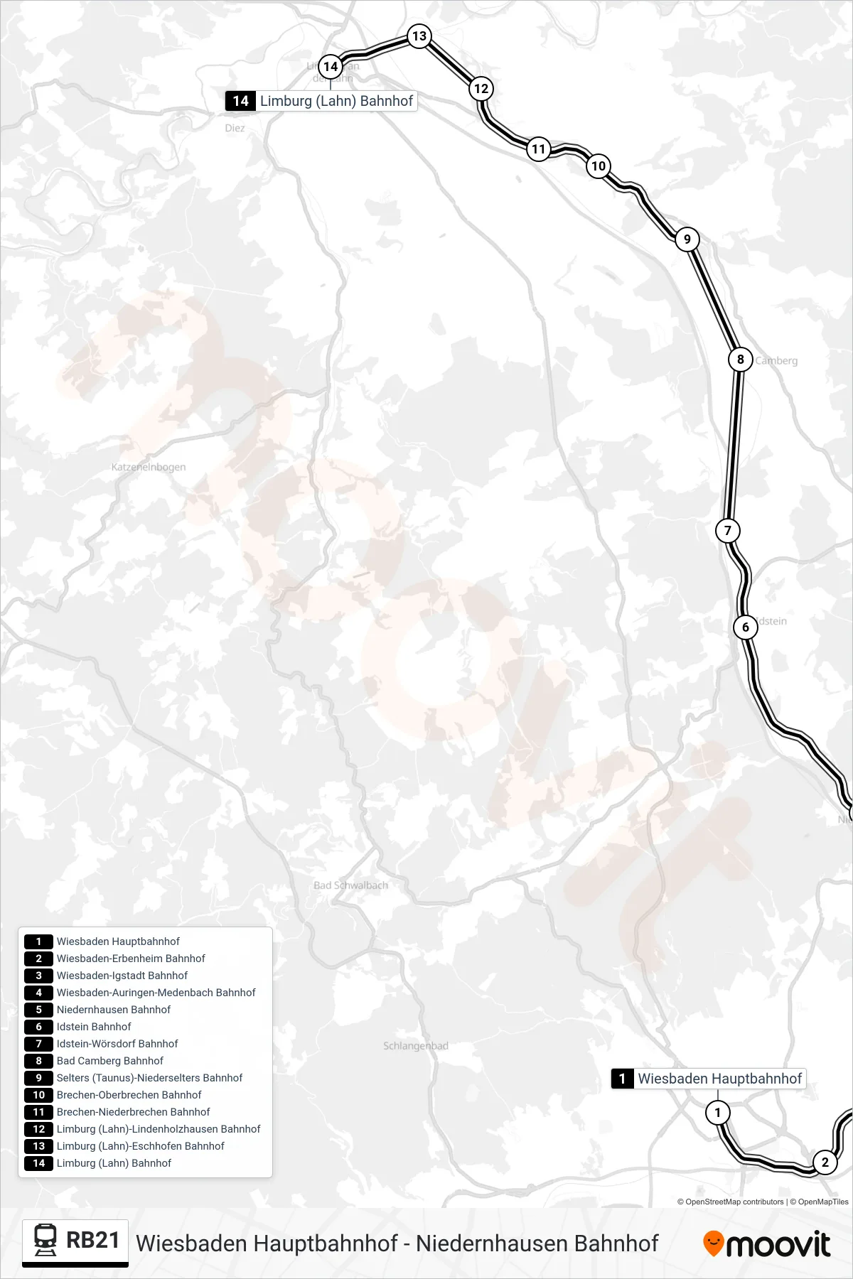 RB21 train Line (Limburg (Lahn) Bahnhof) route and stops on a map