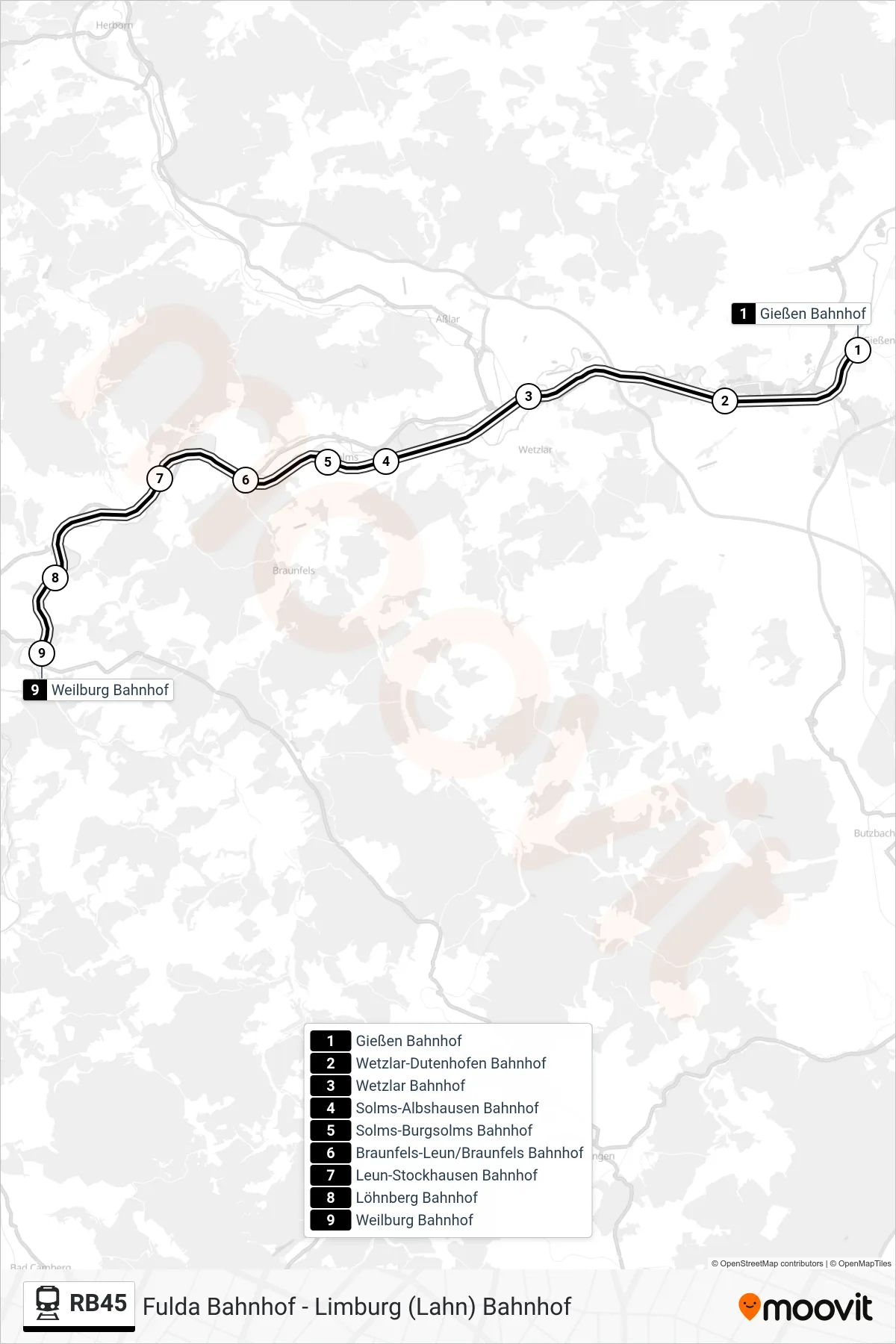 RB45 train Line (Weilburg Bahnhof) route and stops on a map