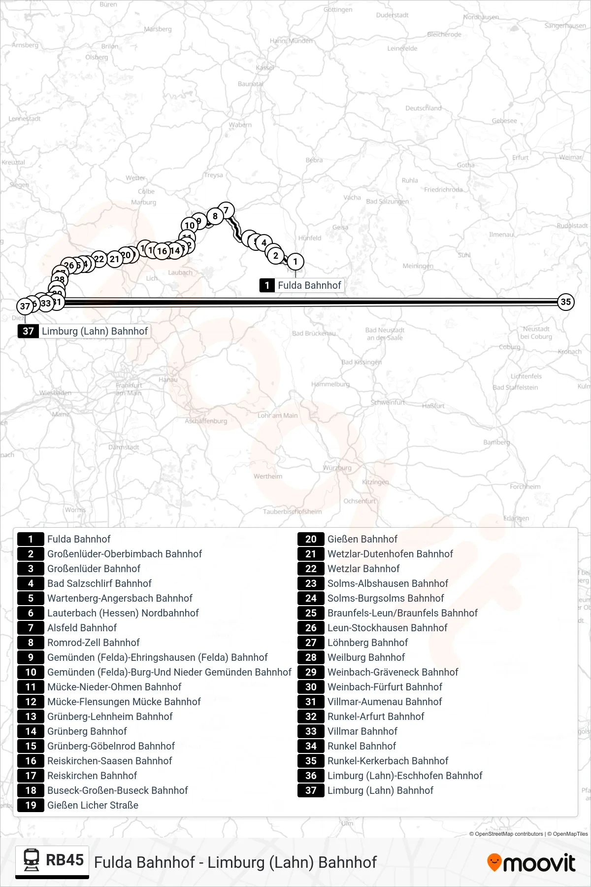 RB45 rail Line (Limburg (Lahn) Bahnhof) route and stops on a map
