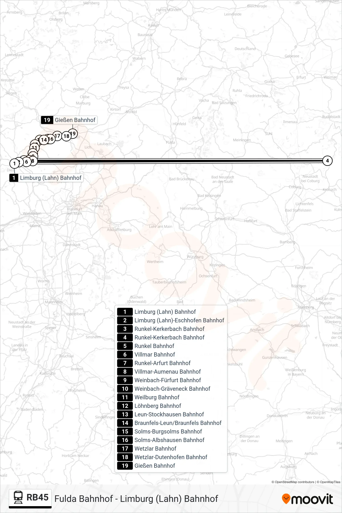RB45 train Line (Gießen Bahnhof) route and stops on a map