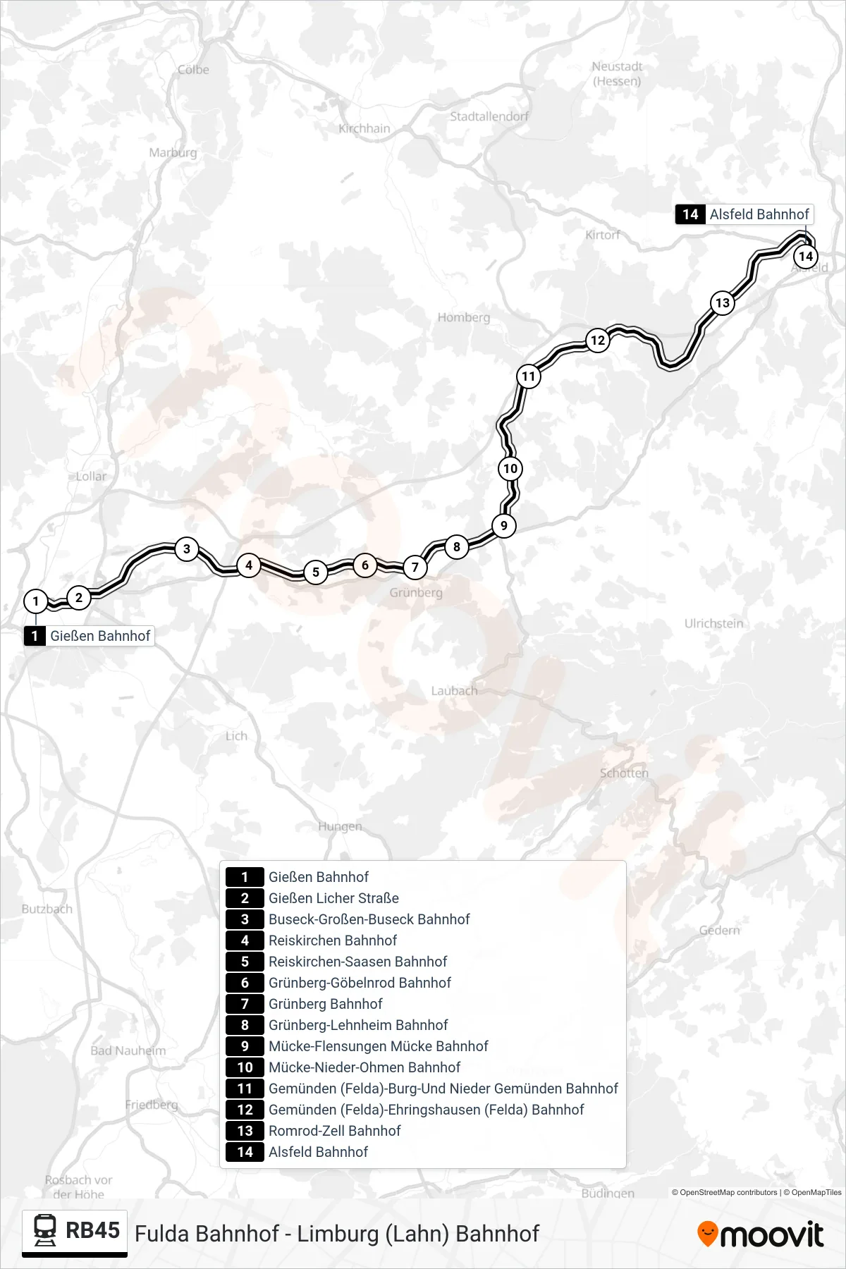 RB45 train Line (Alsfeld Bahnhof) route and stops on a map