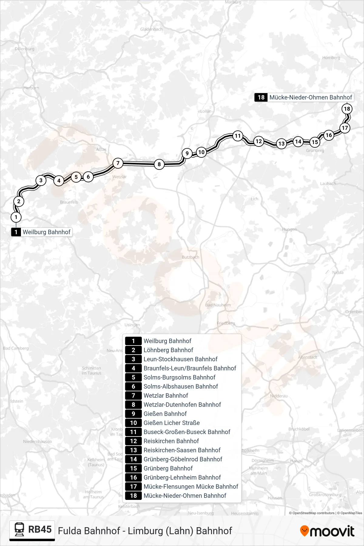 RB45 train Line (Mücke-Nieder-Ohmen Bahnhof) route and stops on a map