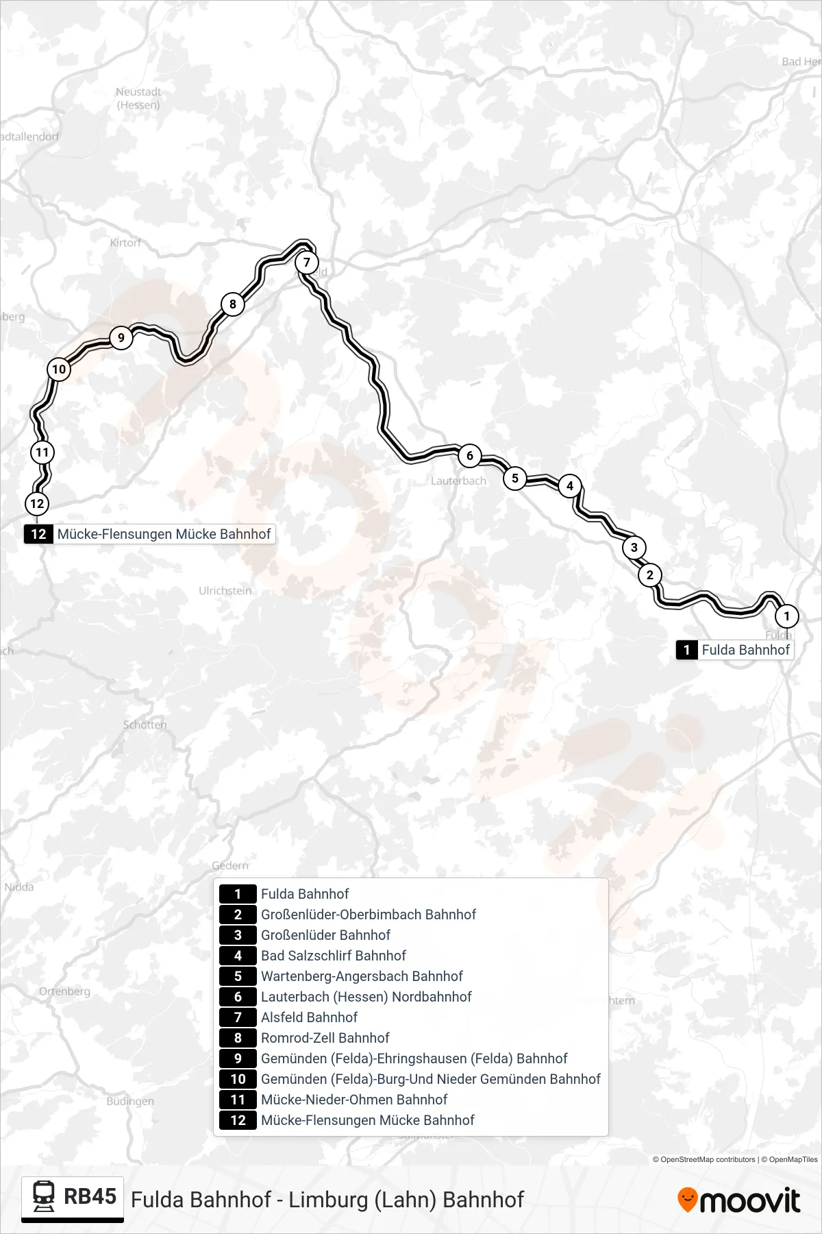 RB45 train Line (Mücke-Flensungen Mücke Bahnhof) route and stops on a map