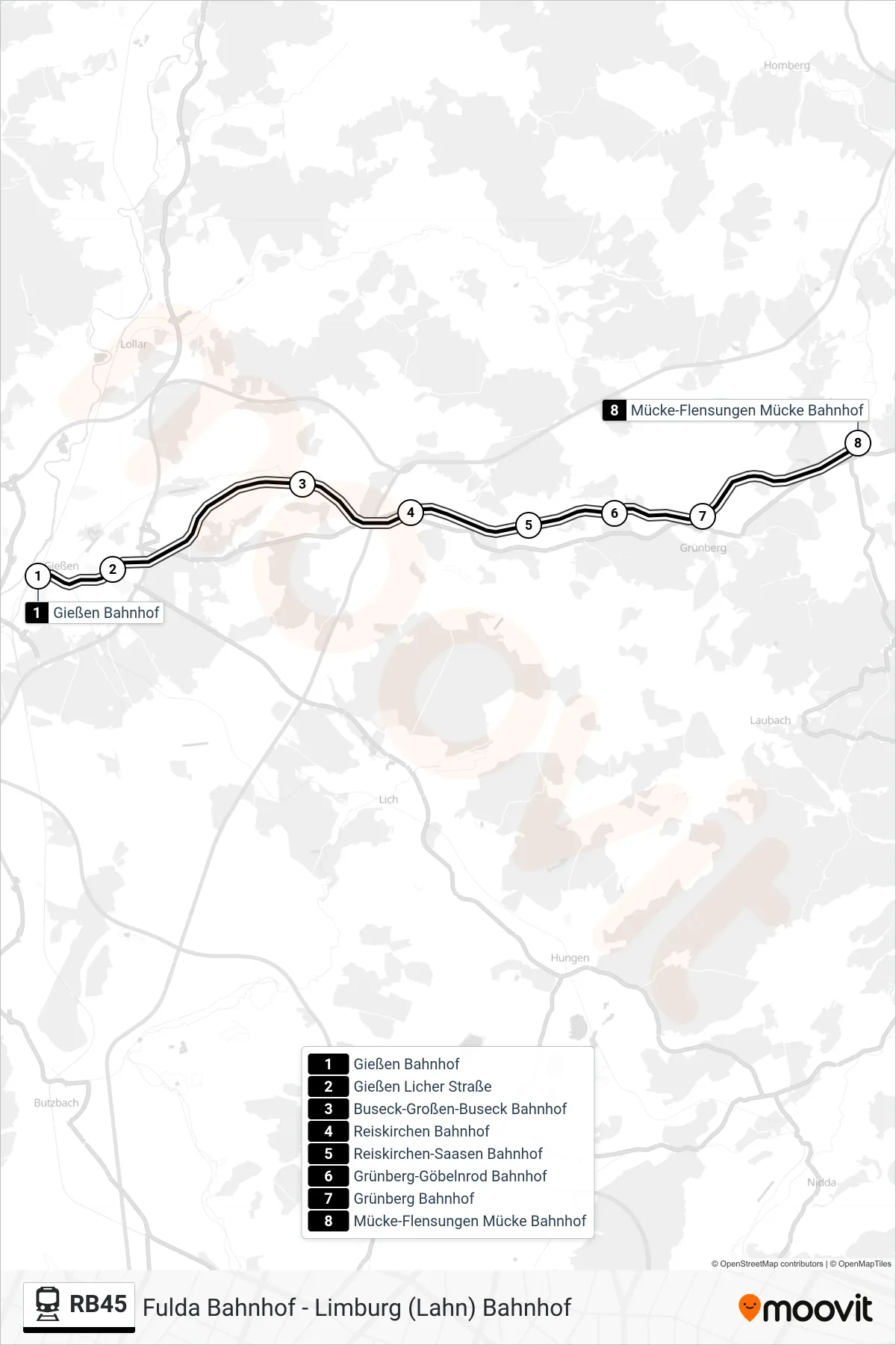 RB45 train Line (Mücke-Flensungen Mücke Bahnhof) route and stops on a map