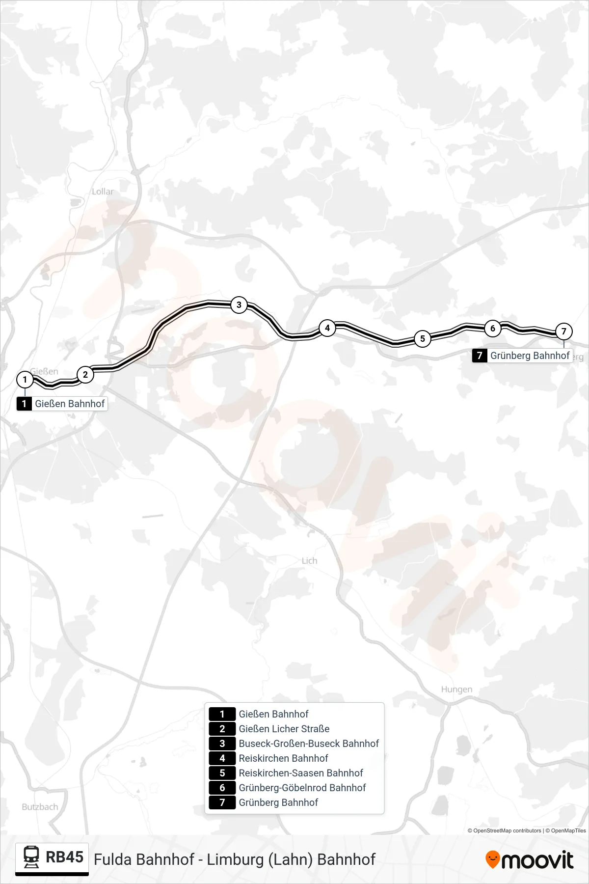 RB45 train Line (Grünberg Bahnhof) route and stops on a map