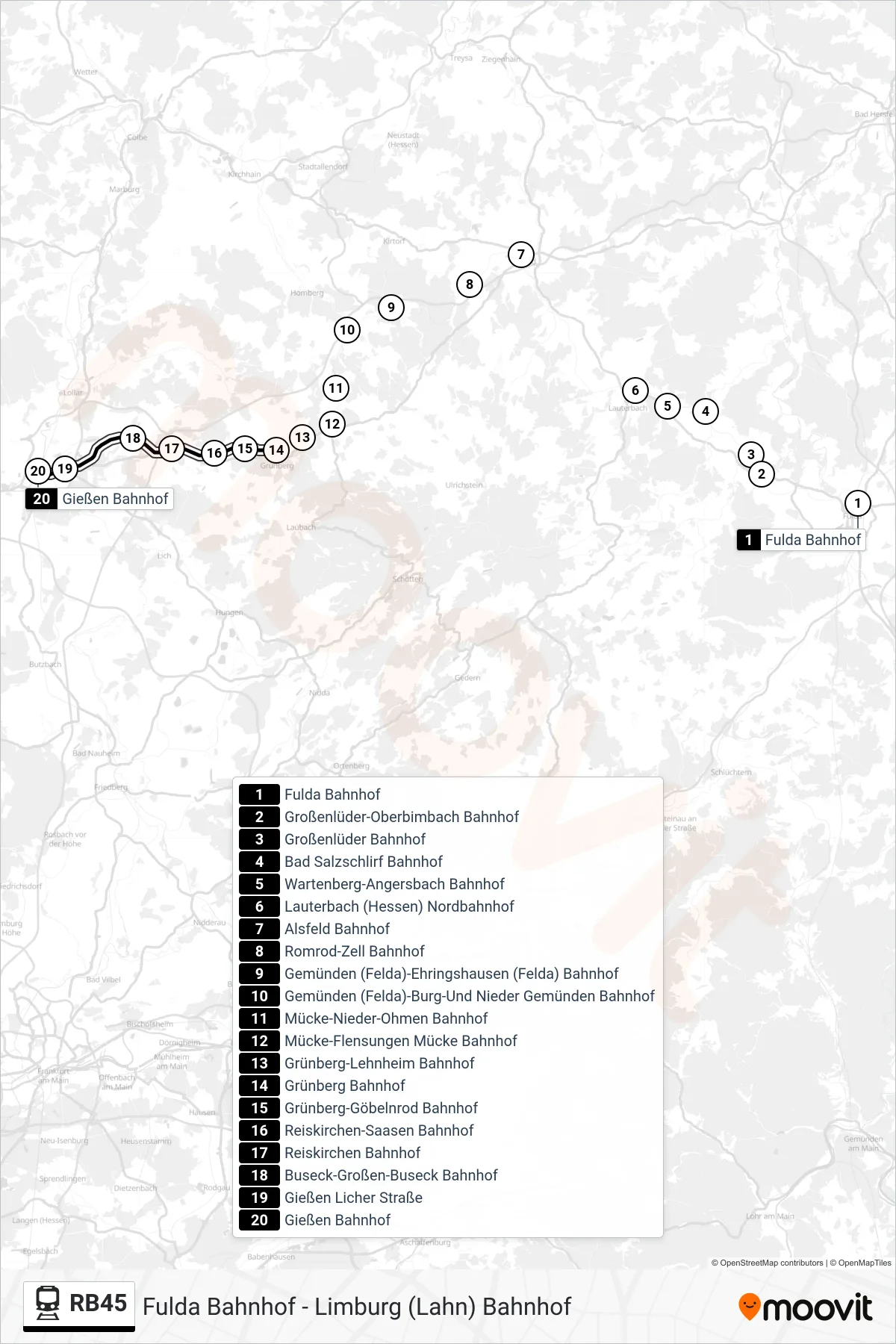 RB45 rail Line (Gießen Bahnhof) route and stops on a map