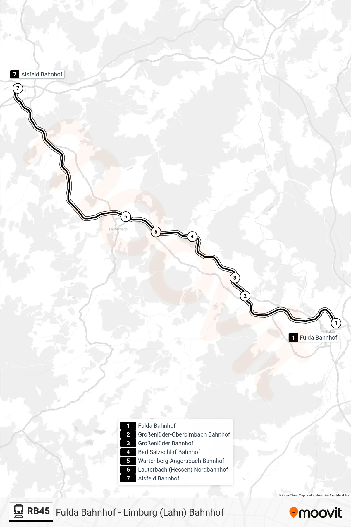 RB45 train Line (Alsfeld Bahnhof) route and stops on a map