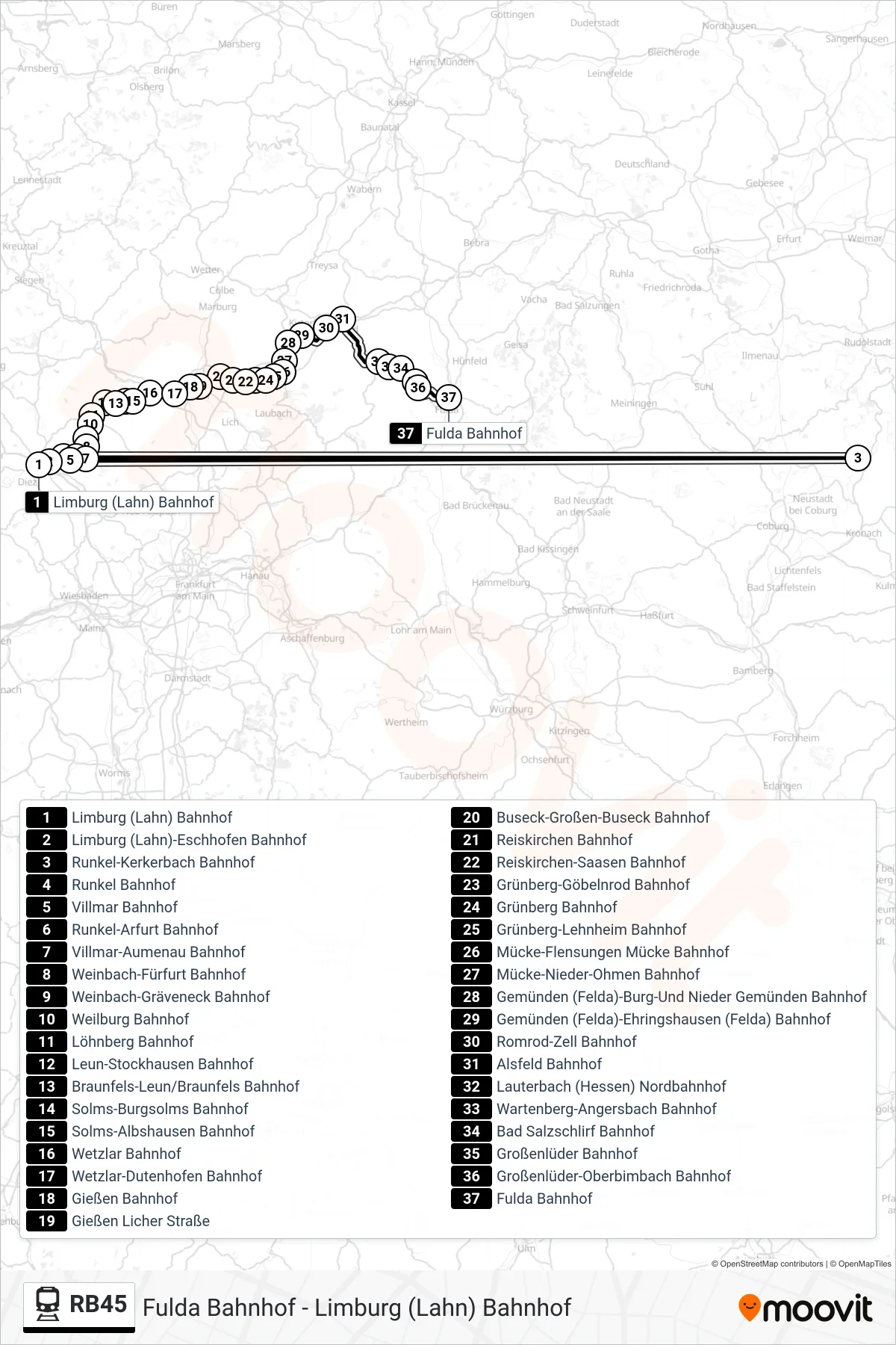 Linie RB45 (Bahn) Richtung Fulda Bahnhof: Route und Haltestellen auf der Karte