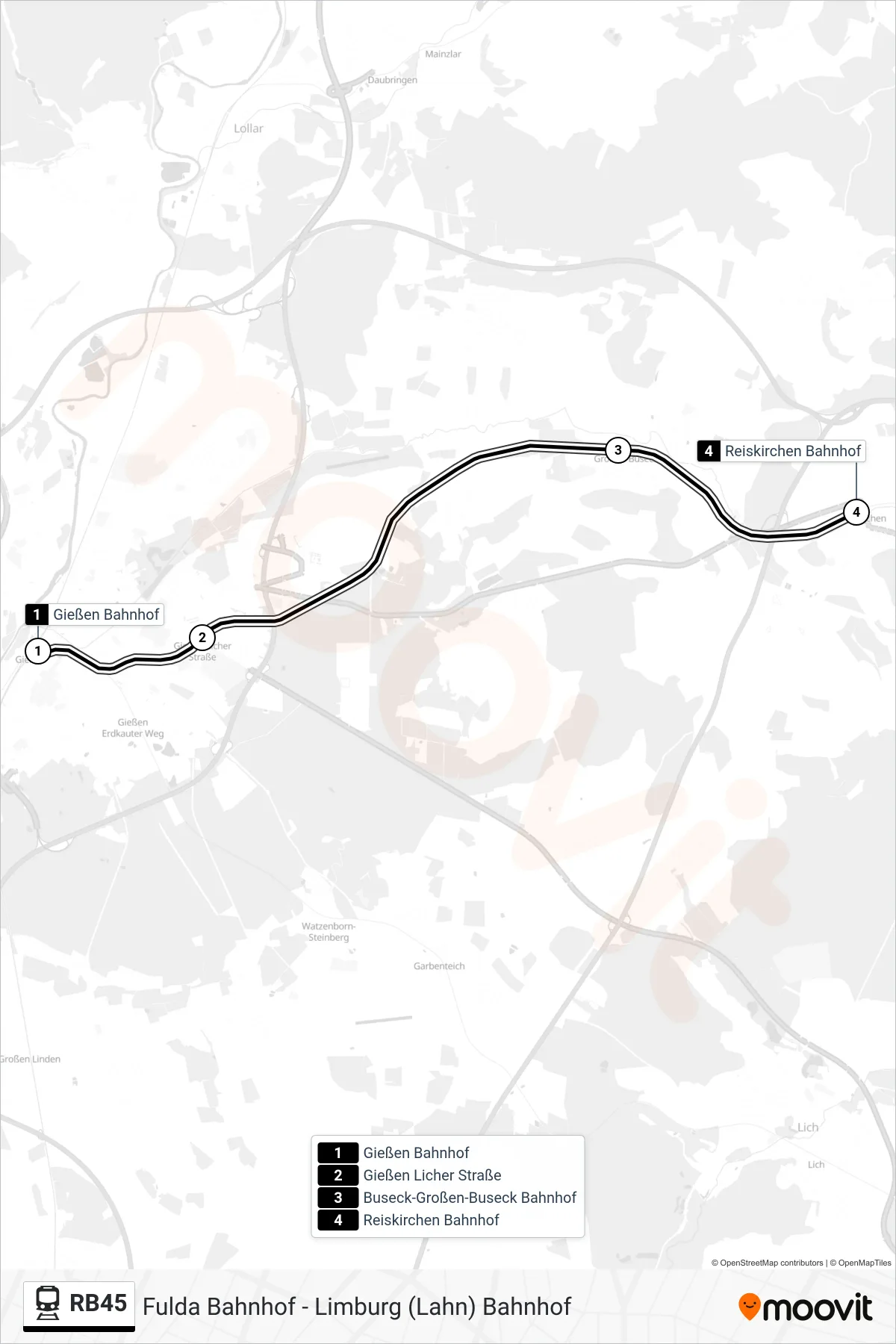 RB45 train Line (Reiskirchen Bahnhof) route and stops on a map