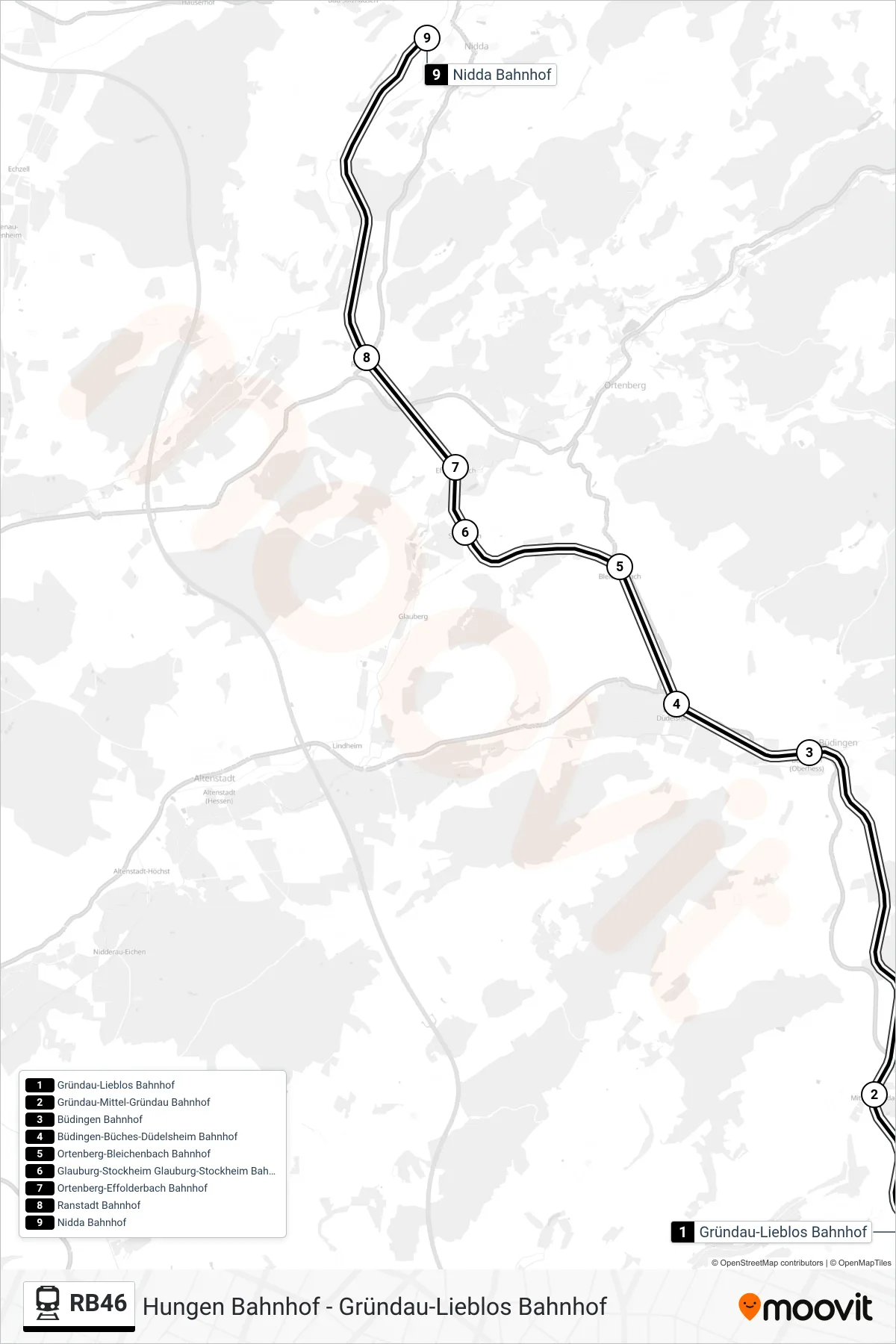 RB46 train Line (Nidda Bahnhof) route and stops on a map