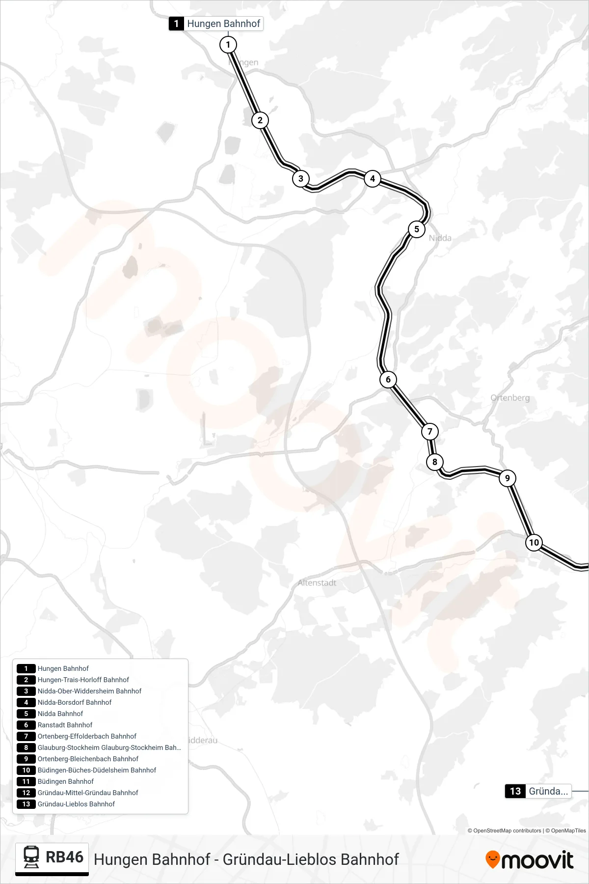 RB46 train Line (Gründau-Lieblos Bahnhof) route and stops on a map
