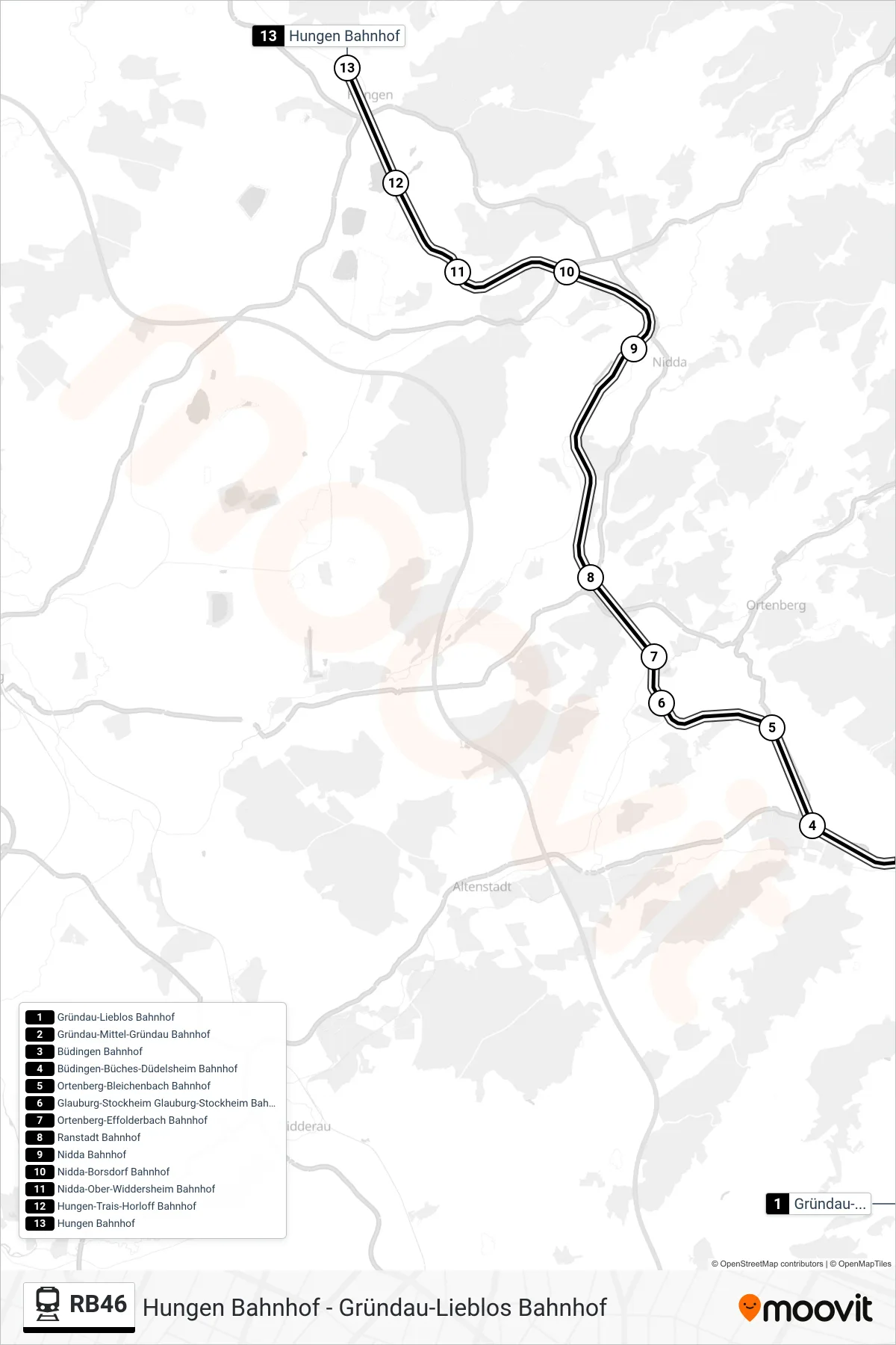 RB46 train Line (Hungen Bahnhof) route and stops on a map