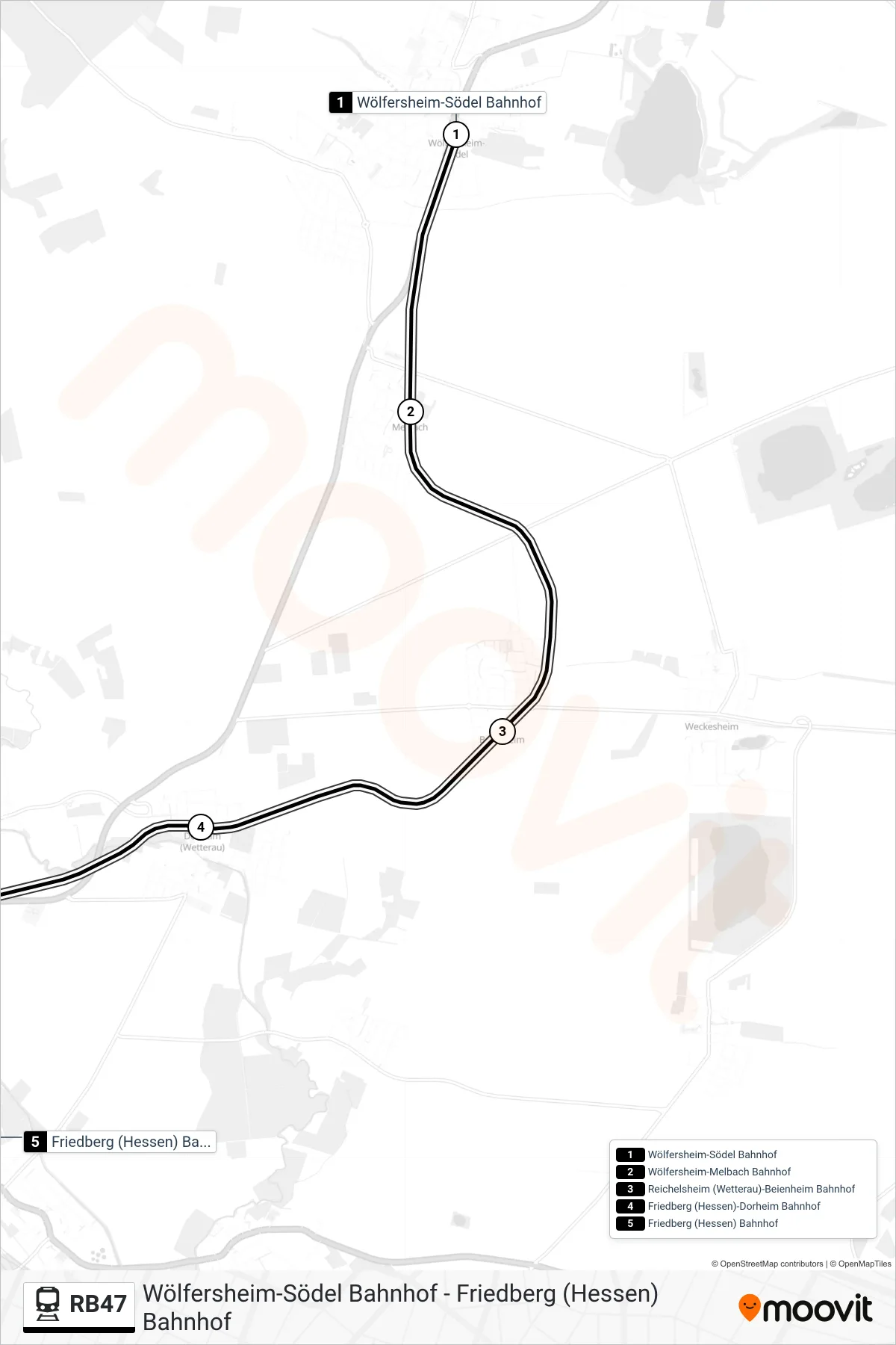 RB47 train Line (Friedberg (Hessen) Bahnhof) route and stops on a map