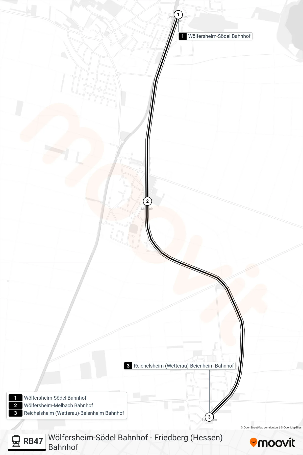 RB47 train Line (Reichelsheim (Wetterau)-Beienheim Bahnhof) route and stops on a map