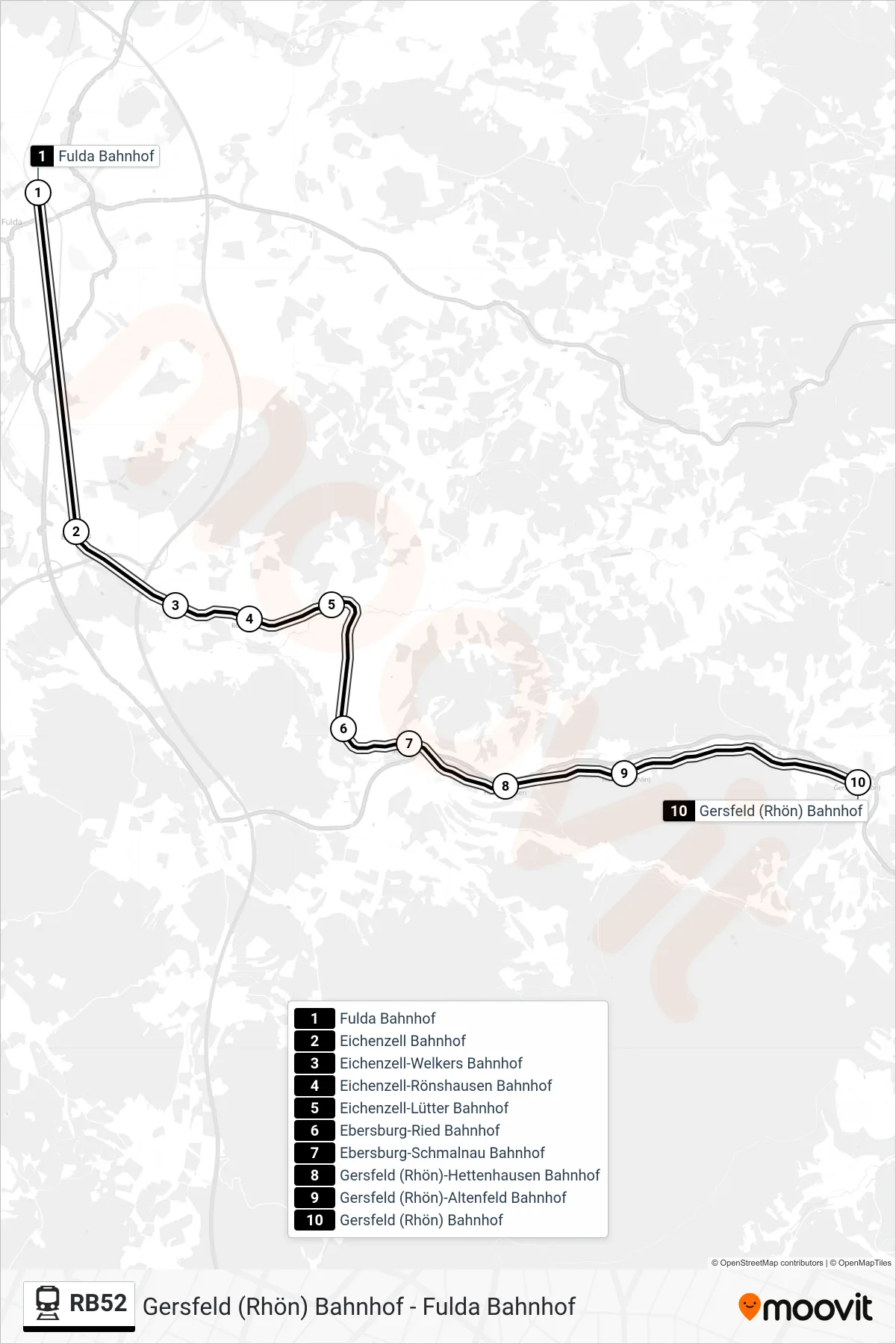 RB52 rail Line (Gersfeld (Rhön) Bahnhof) route and stops on a map