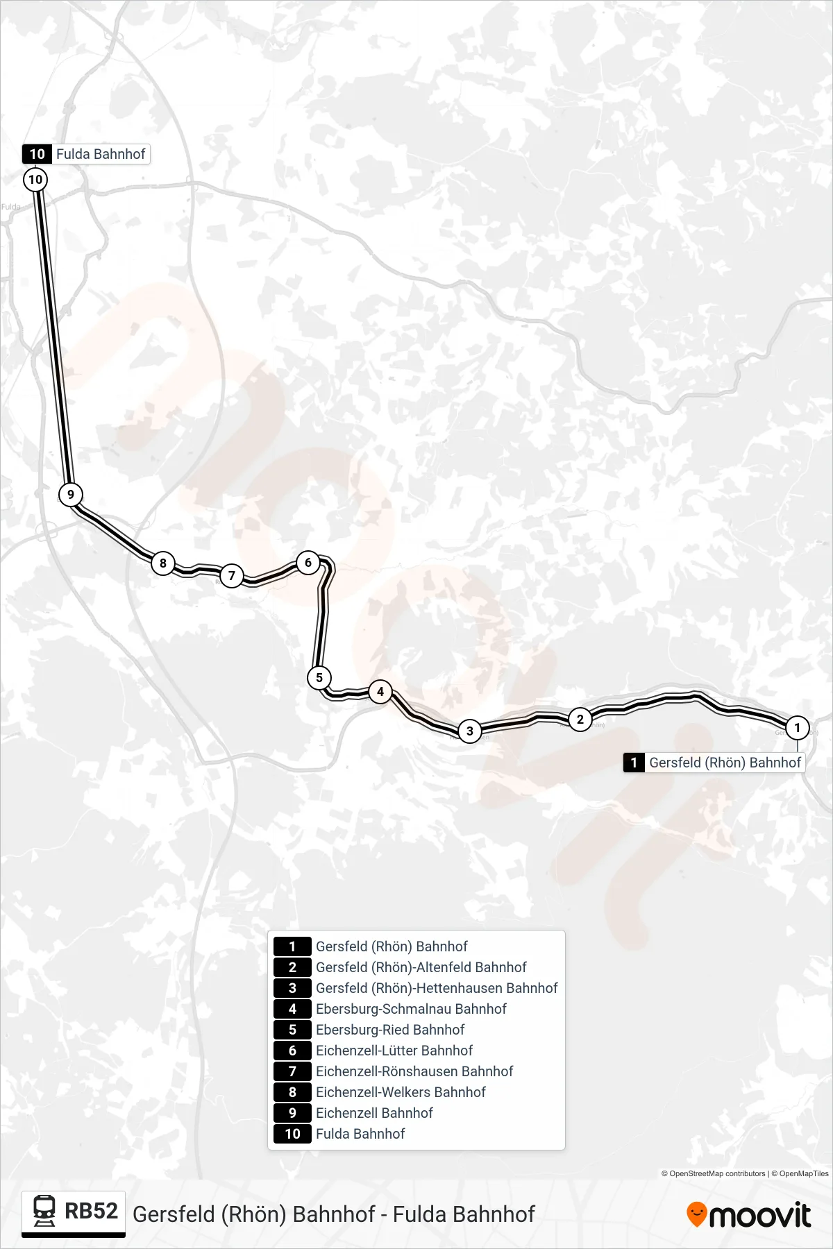 Linie RB52 (Bahn) Richtung Fulda Bahnhof: Route und Haltestellen auf der Karte