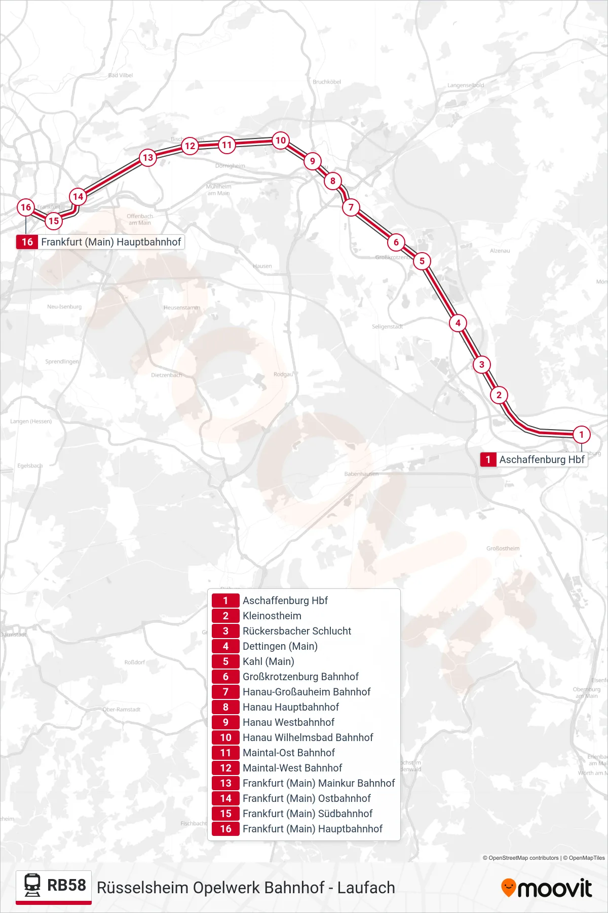 RB58 train Line (Frankfurt (Main) Hauptbahnhof) route and stops on a map