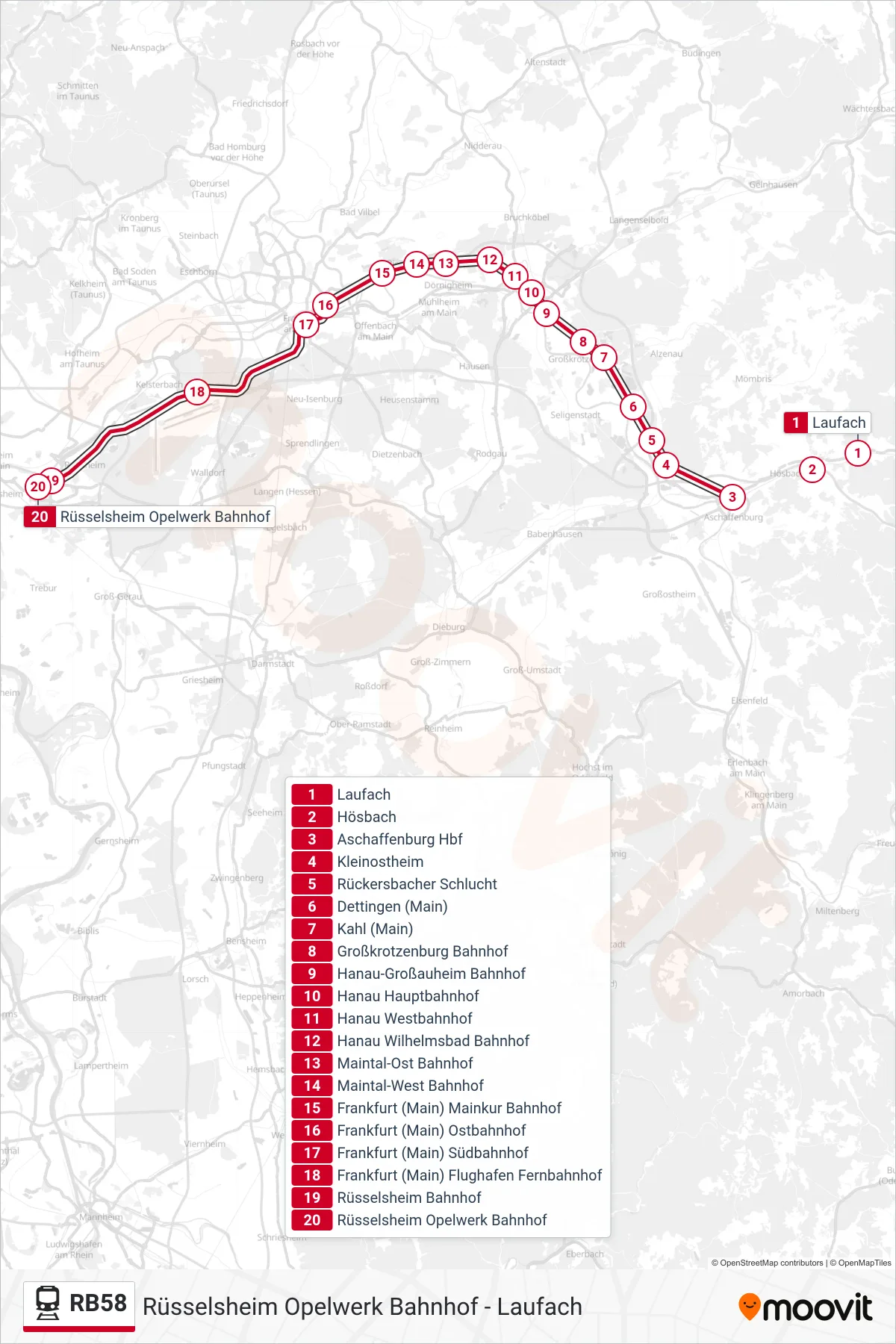 RB58 rail Line (Rüsselsheim Opelwerk Bahnhof) route and stops on a map